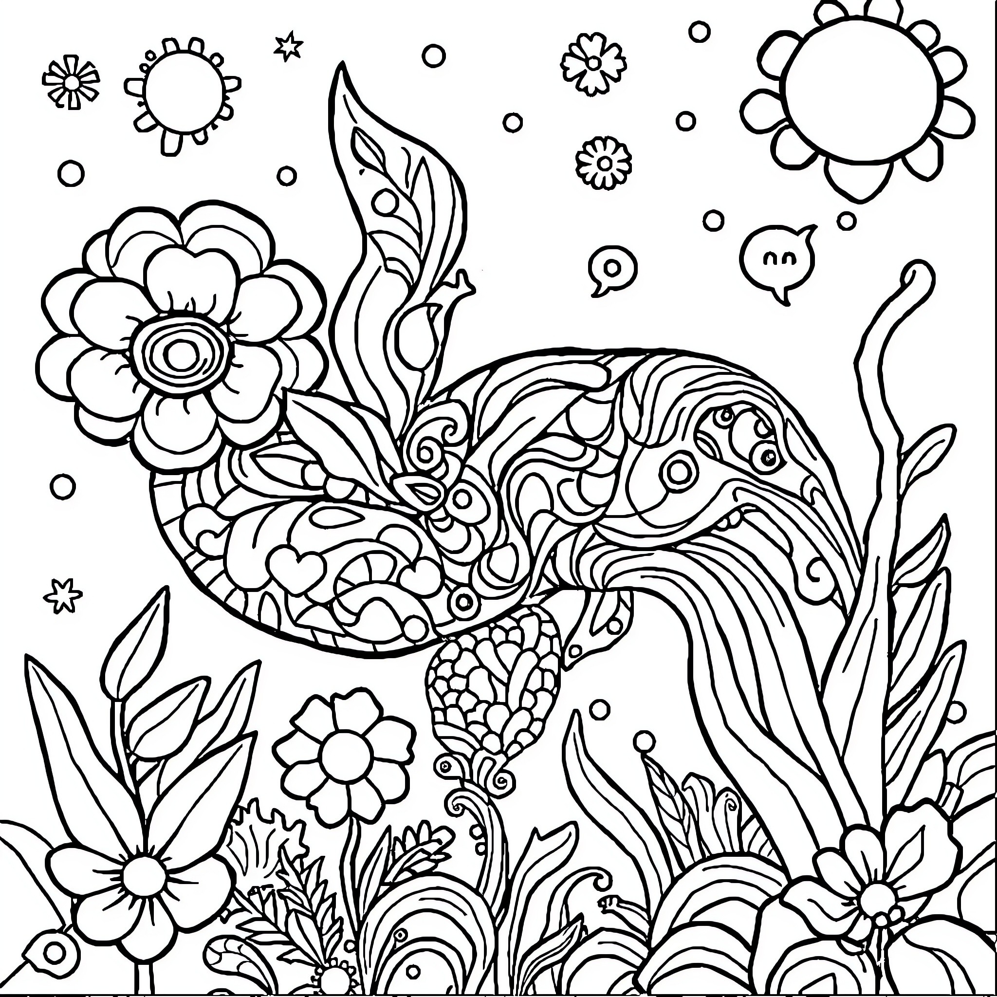 Puzzle of Whimsical Floral Creature in Nature Coloring Page (free black-and-white line drawing printable PDF for all, from beginners to advanced learners, including children, teens, adults, and seniors)