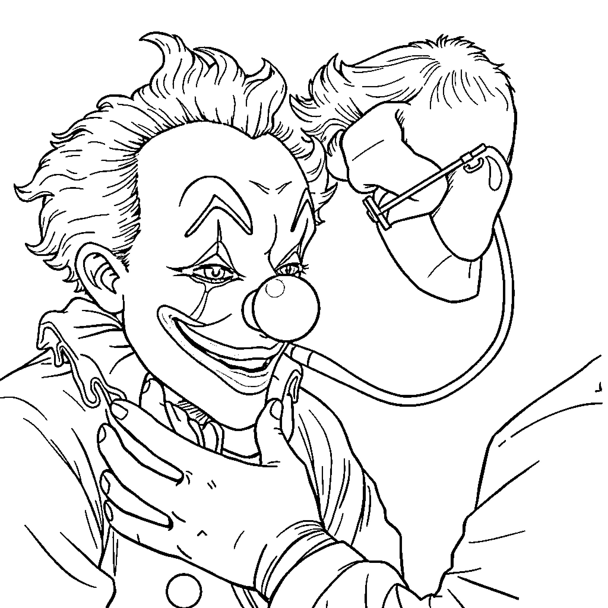 Doctor Examines Whimsical Clown Patient Coloring Page (free black-and-white line drawing printable PDF for all, from beginners to advanced learners, including children, teens, adults, and seniors)
