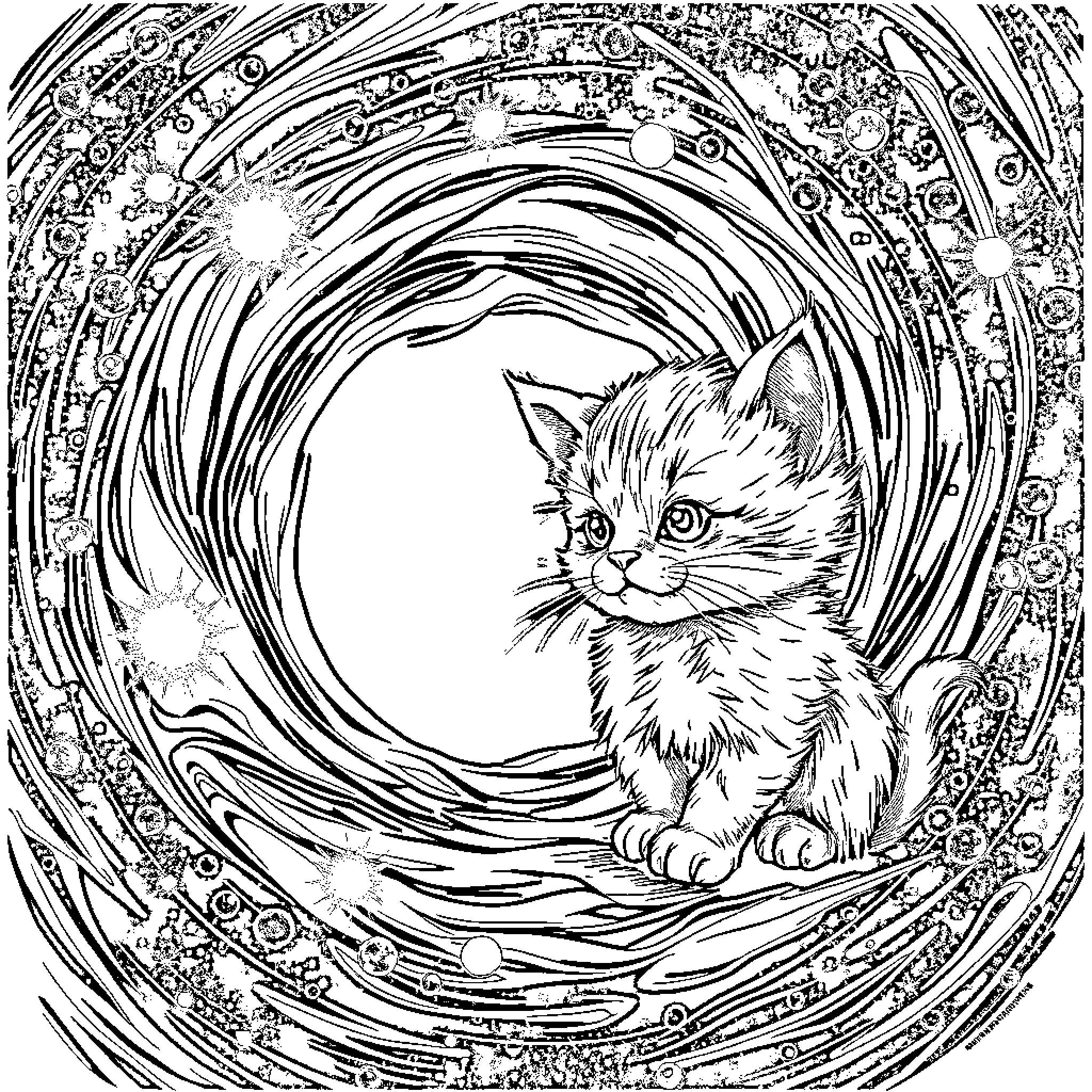 Kitten in a Magical Whirlwind Coloring Page (free black-and-white line drawing printable PDF for all, from beginners to advanced learners, including children, teens, adults, and seniors)