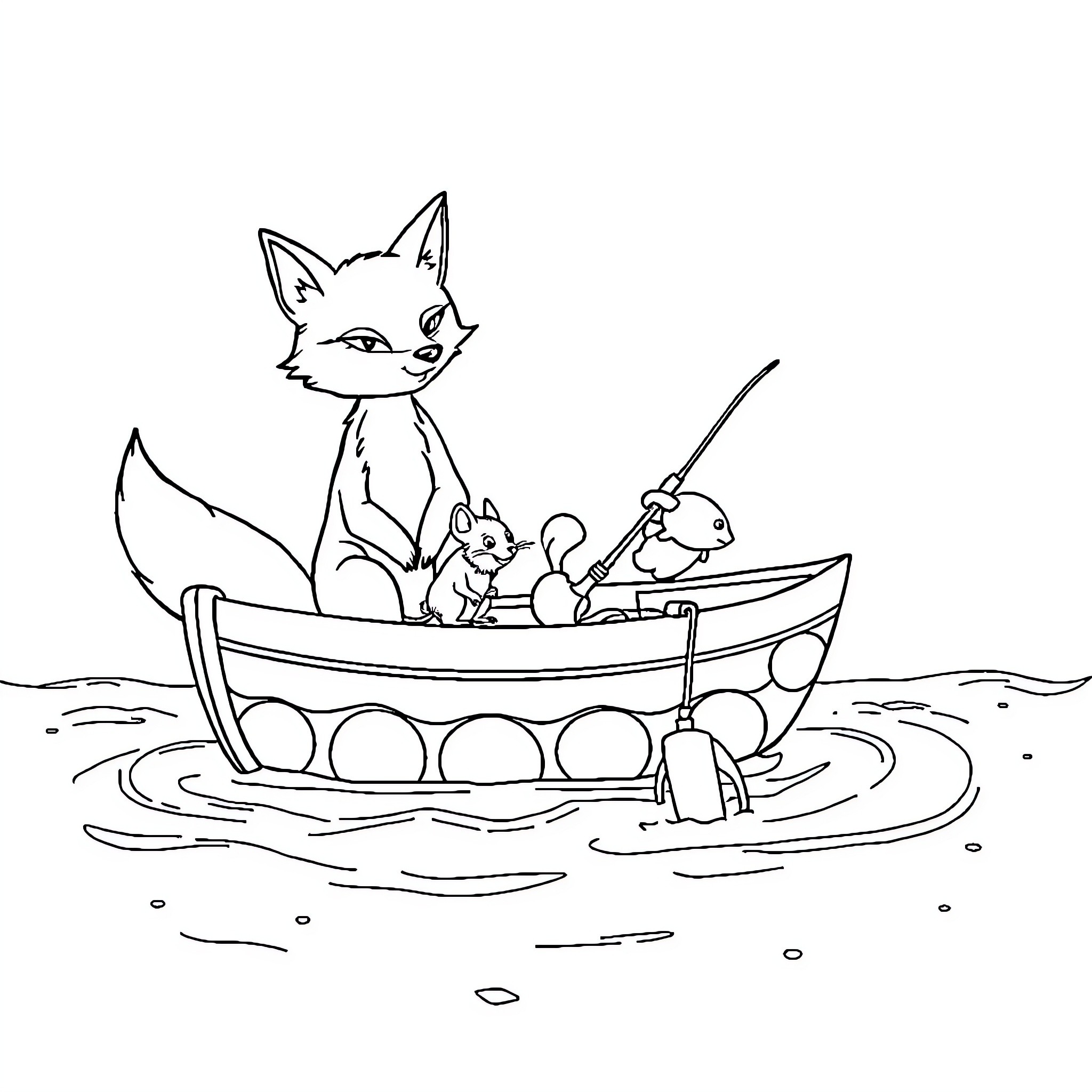 Fox and friends fishing in a boat Coloring Page (free black-and-white line drawing printable PDF for all, from beginners to advanced learners, including children, teens, adults, and seniors)