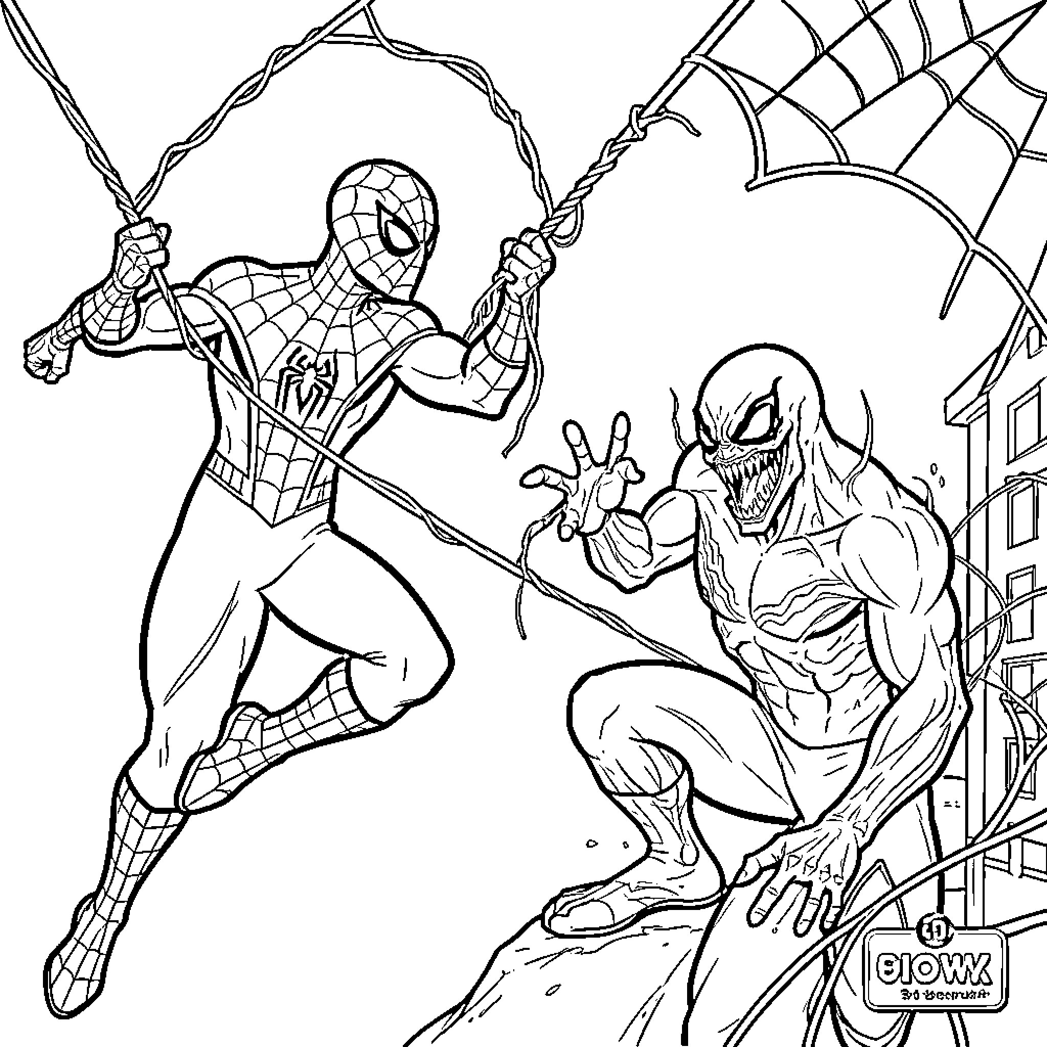 Spider-Man battling Venom in an intense action scene Coloring Page (free black-and-white line drawing printable PDF for all, from beginners to advanced learners, including children, teens, adults, and seniors)