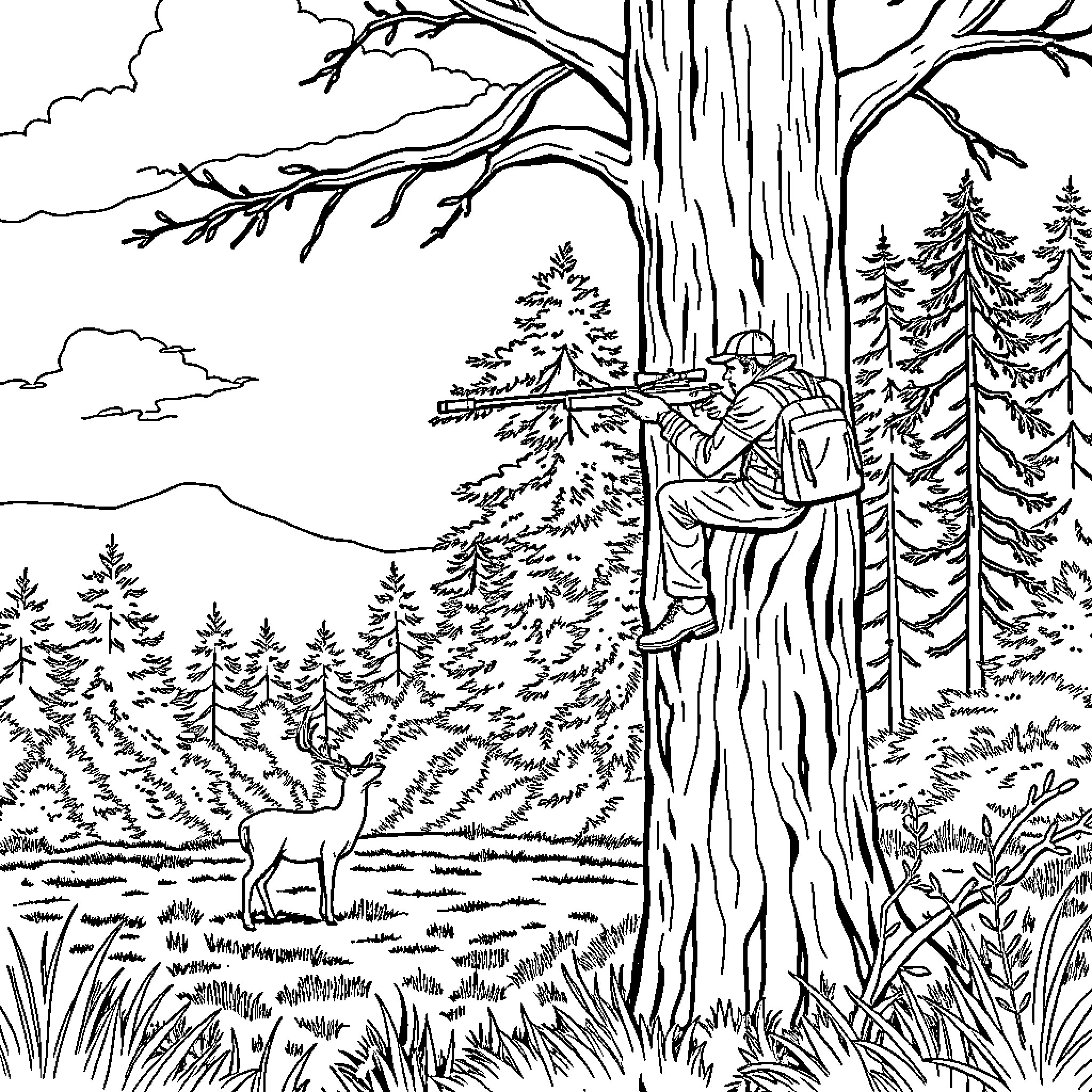 Hunter aiming rifle in the forest landscape Coloring Page (free black-and-white line drawing printable PDF for all, from beginners to advanced learners, including children, teens, adults, and seniors)