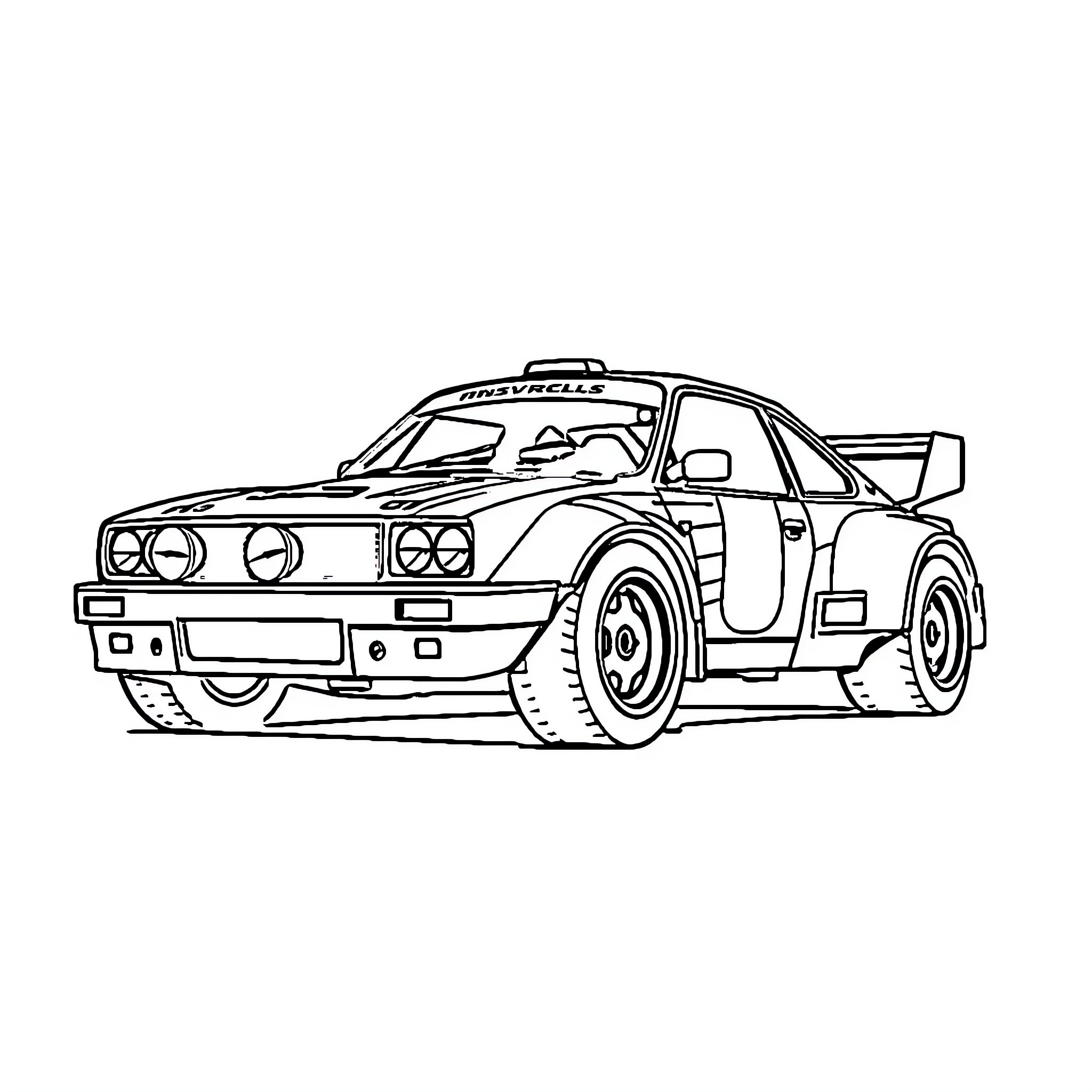 Rally Car Speeding on Race Track Coloring Page (free black-and-white line drawing printable PDF for all, from beginners to advanced learners, including children, teens, adults, and seniors)