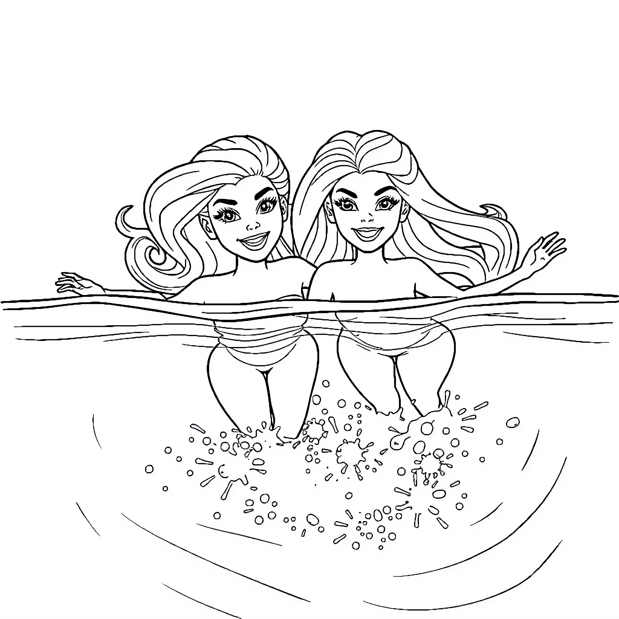 Barbie sisters enjoying a swim in the water Coloring Page (free black-and-white line drawing printable PDF for all, from beginners to advanced learners, including children, teens, adults, and seniors)