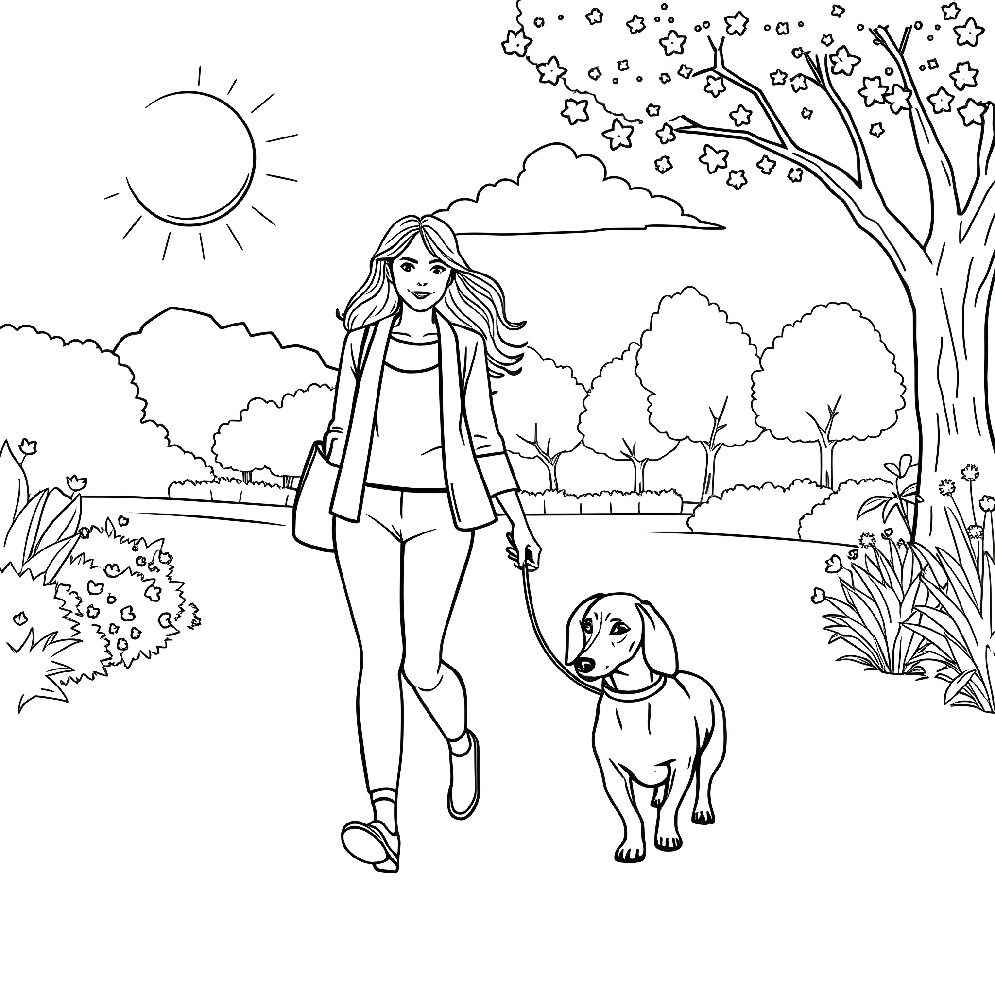 Woman walking her dog in a scenic park Coloring Page (free black-and-white line drawing printable PDF for all, from beginners to advanced learners, including children, teens, adults, and seniors)