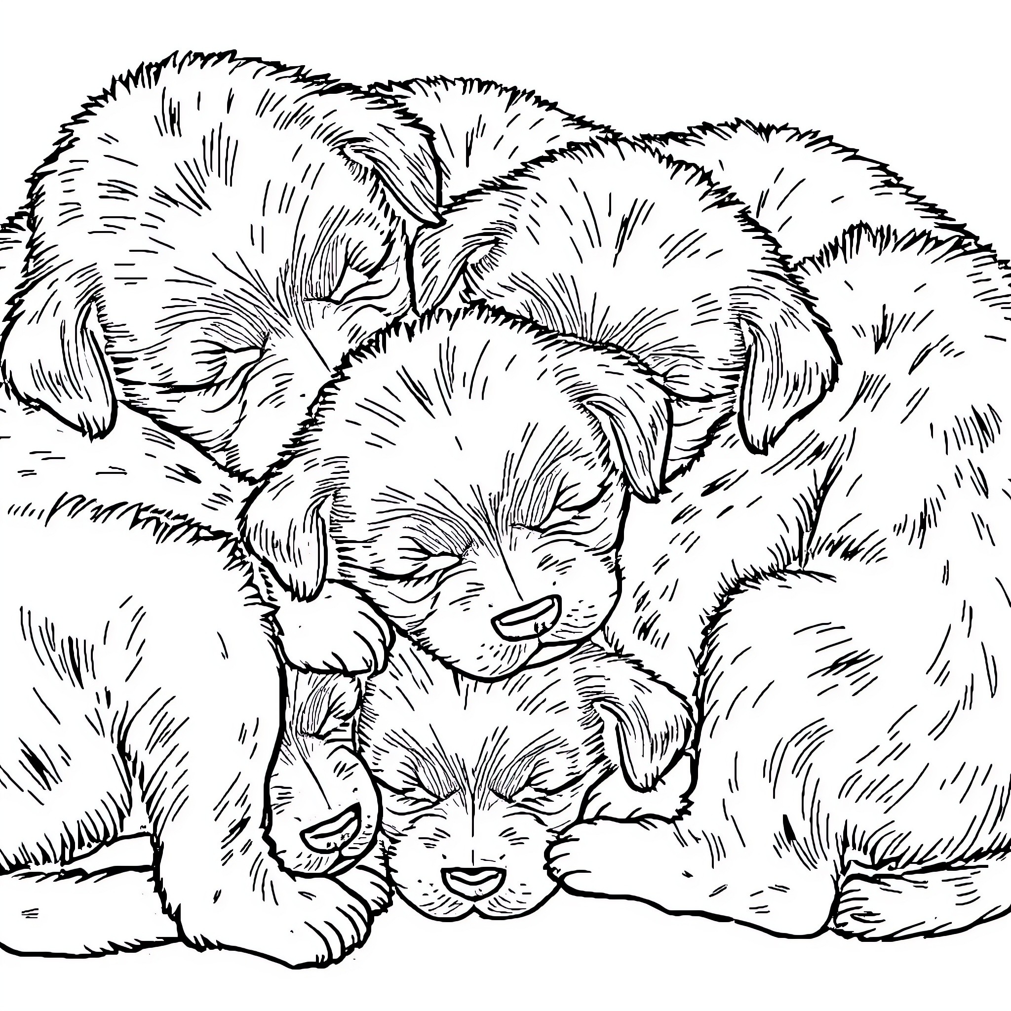 Puppy cuddles and naps together Coloring Page (free black-and-white line drawing printable PDF for all, from beginners to advanced learners, including children, teens, adults, and seniors)