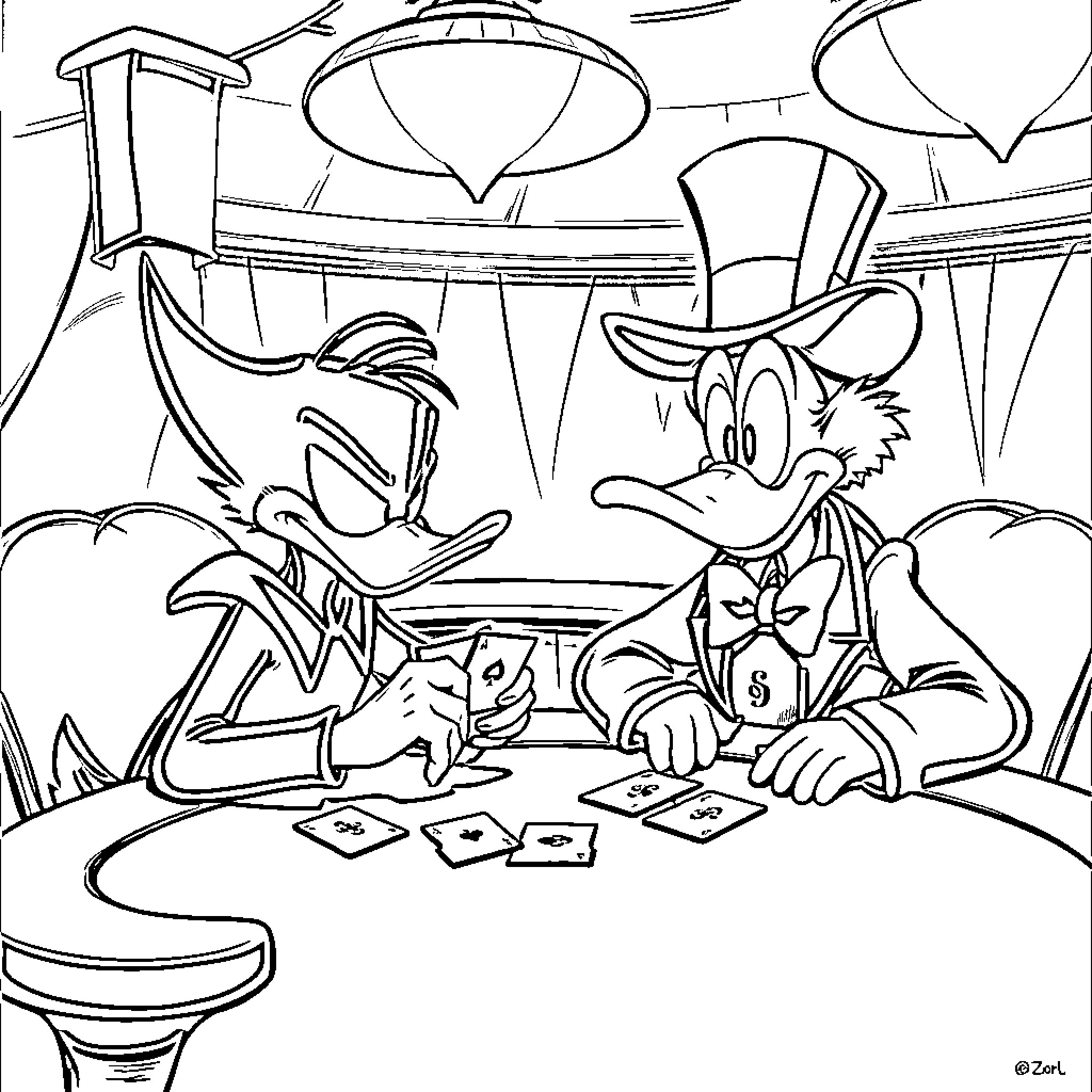 Darkwing Duck playing cards with his friend Coloring Page (free black-and-white line drawing printable PDF for all, from beginners to advanced learners, including children, teens, adults, and seniors)