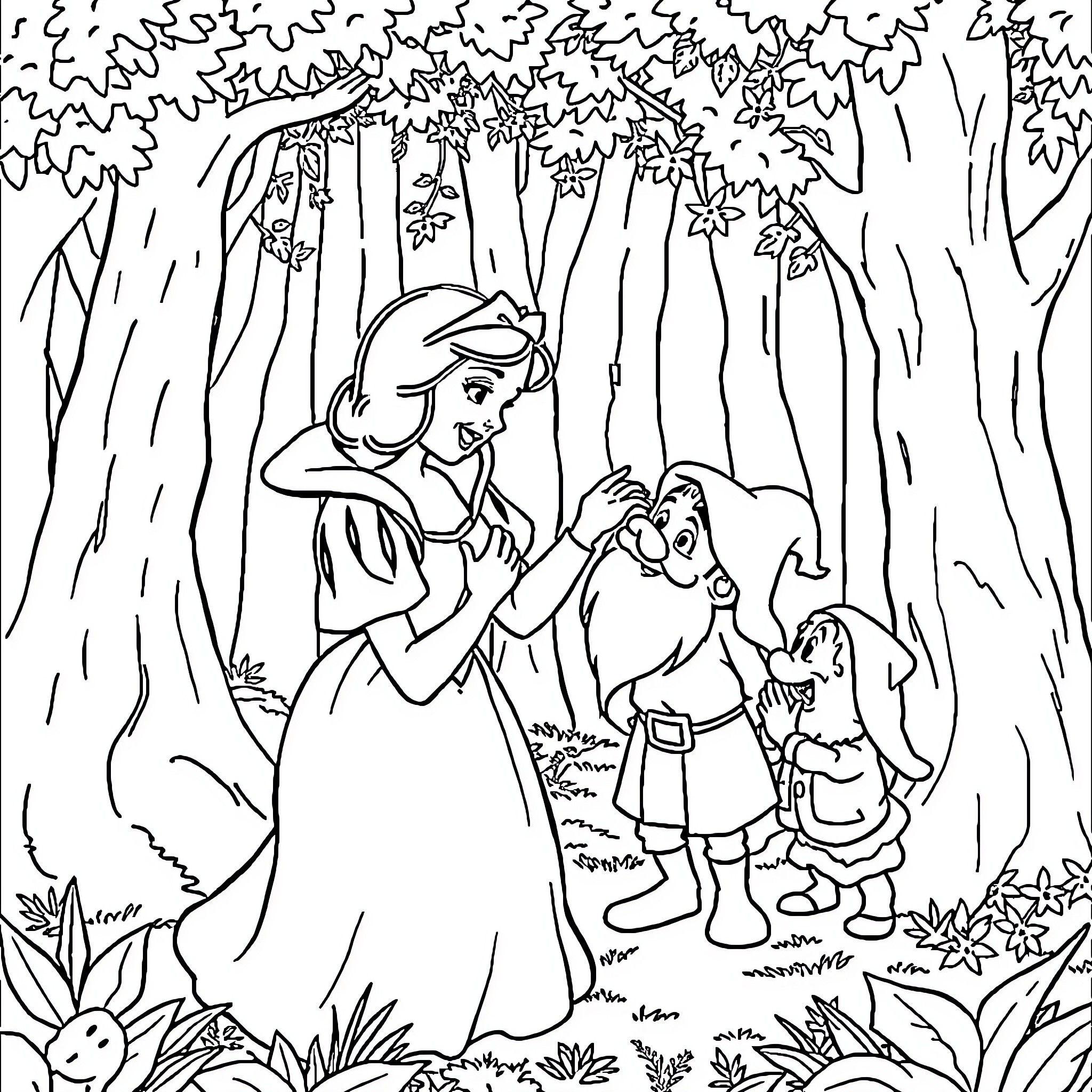 Snow White's Enchanted Forest Adventure Coloring Page (free black-and-white line drawing printable PDF for all, from beginners to advanced learners, including children, teens, adults, and seniors)