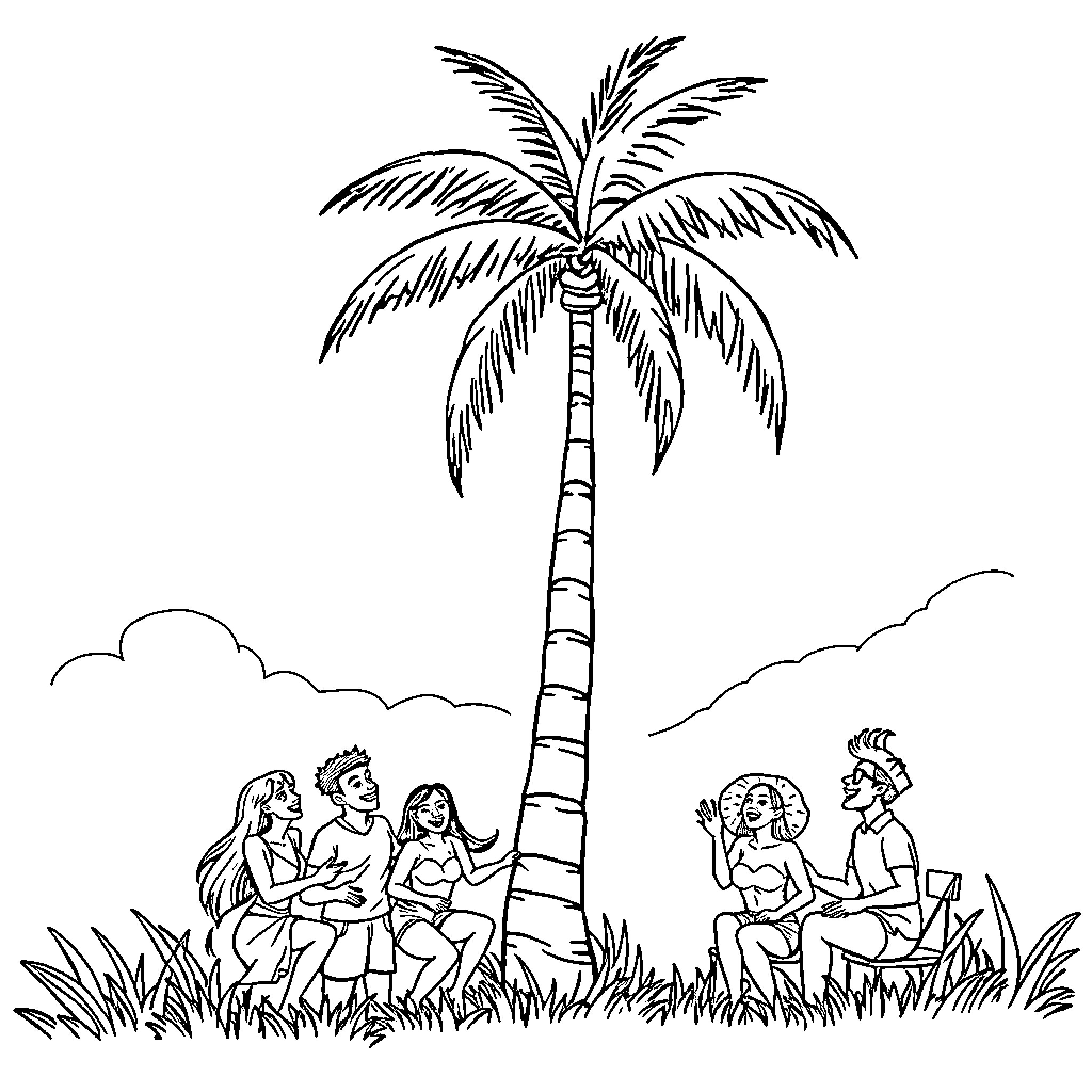 Palm Tree with People Relaxing under its Shade Coloring Page (free black-and-white line drawing printable PDF for all, from beginners to advanced learners, including children, teens, adults, and seniors)