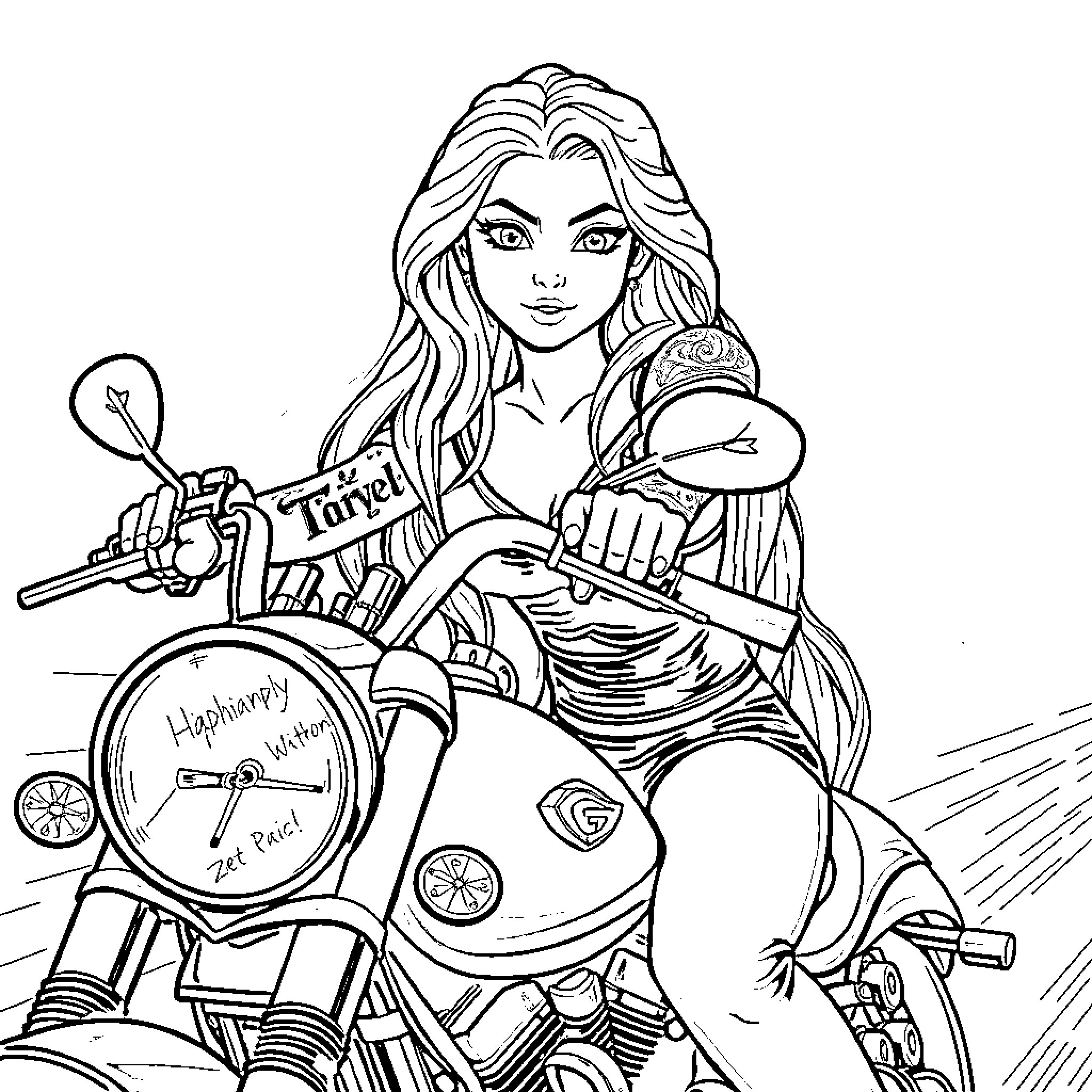 Rapunzel riding her motorcycle on the road Coloring Page (free black-and-white line drawing printable PDF for all, from beginners to advanced learners, including children, teens, adults, and seniors)