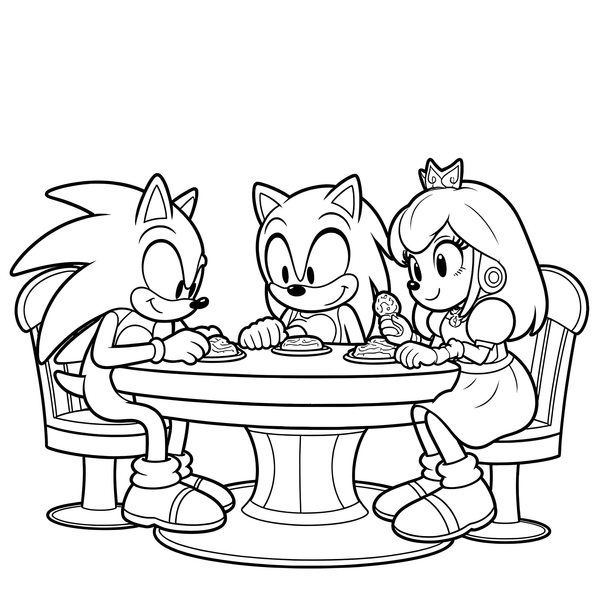Sonic characters having a fun dining experience Coloring Page (free black-and-white line drawing printable PDF for all, from beginners to advanced learners, including children, teens, adults, and seniors)