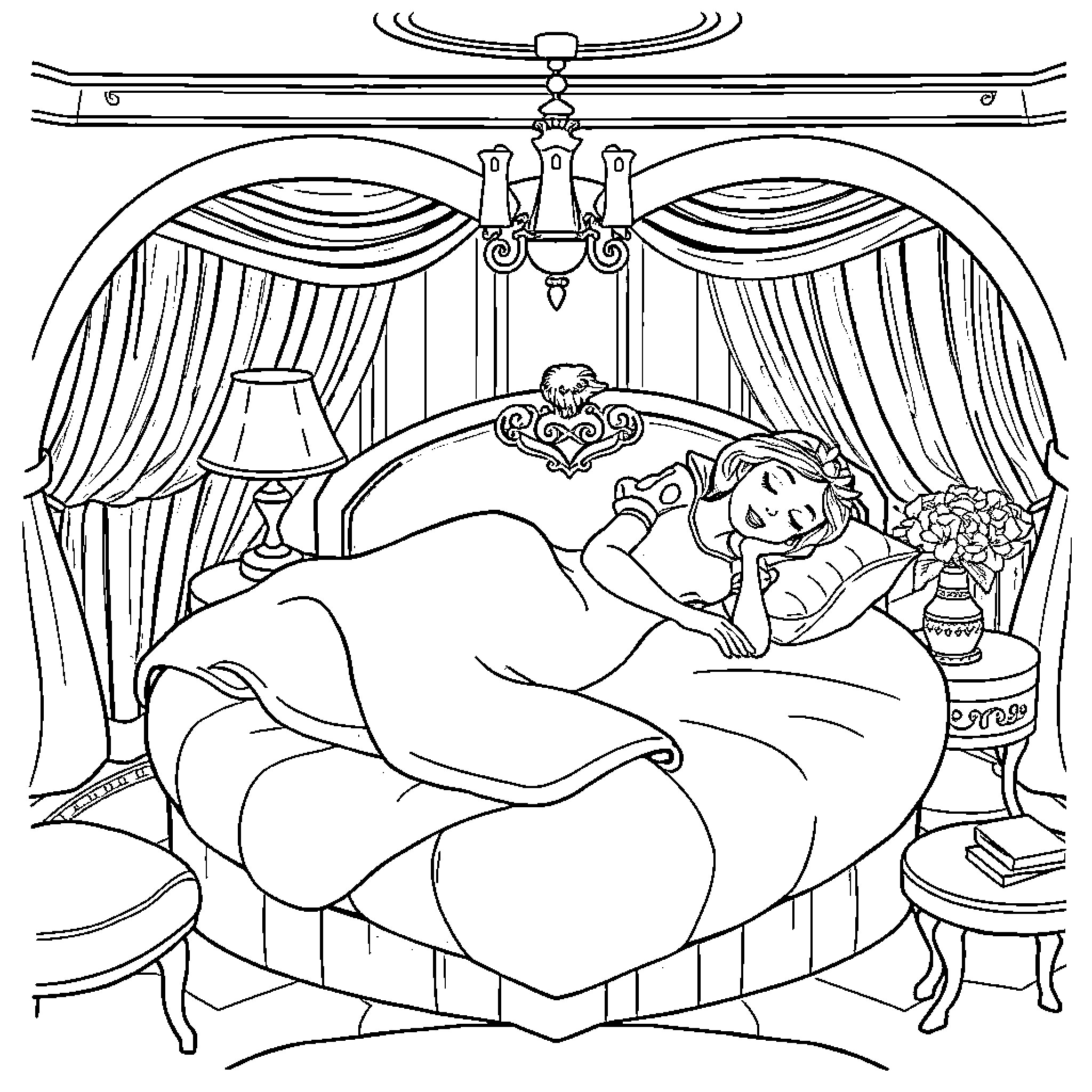 Snow White sleeping peacefully in her royal bedchamber Coloring Page (free black-and-white line drawing printable PDF for all, from beginners to advanced learners, including children, teens, adults, and seniors)