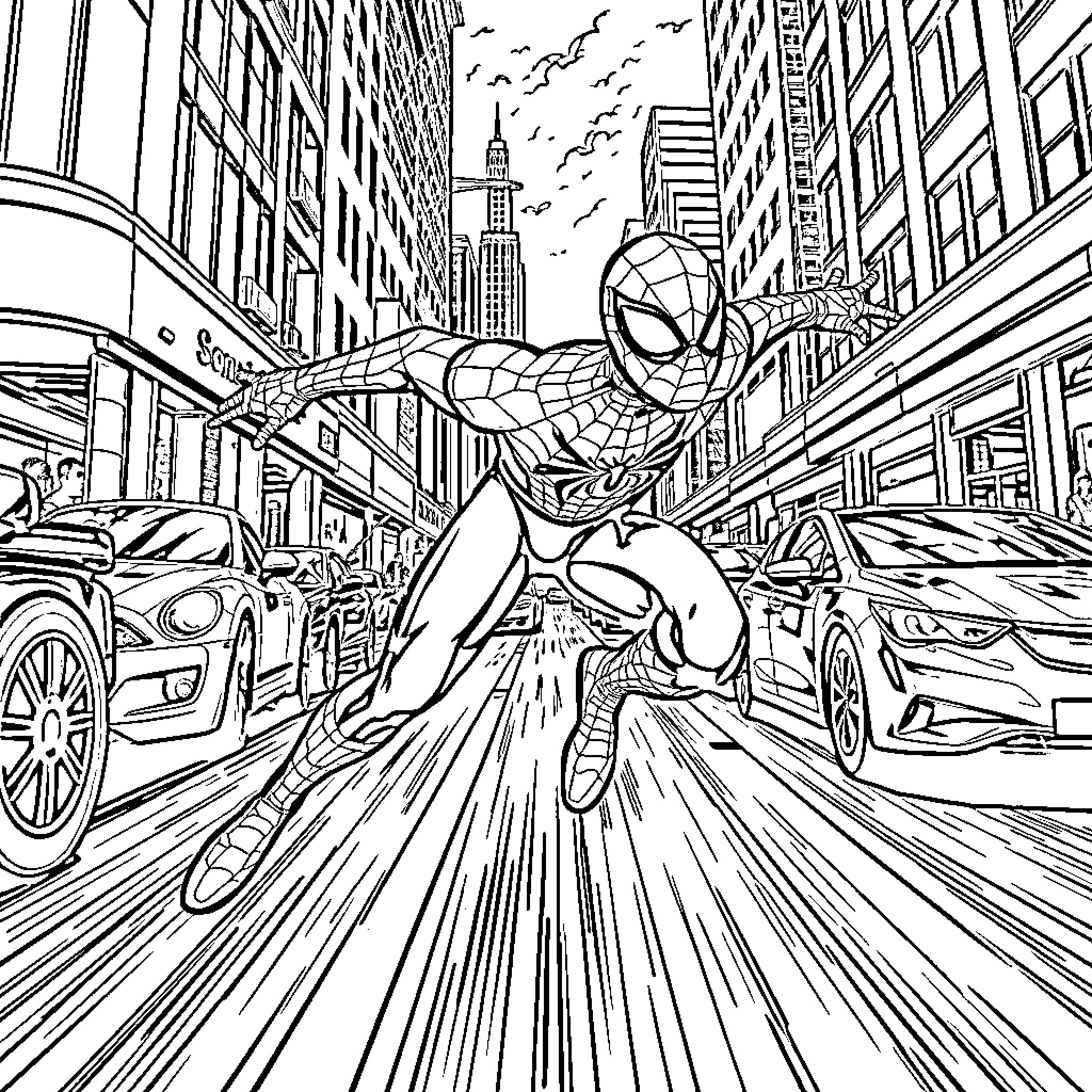Spidey swinging through the busy city streets Coloring Page (free black-and-white line drawing printable PDF for all, from beginners to advanced learners, including children, teens, adults, and seniors)