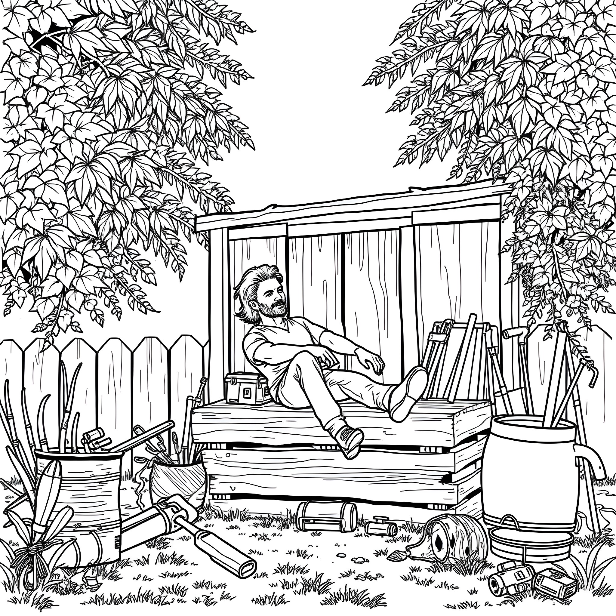 Ruud Gullit relaxing in the backyard with art supplies Coloring Page (free black-and-white line drawing printable PDF for all, from beginners to advanced learners, including children, teens, adults, and seniors)