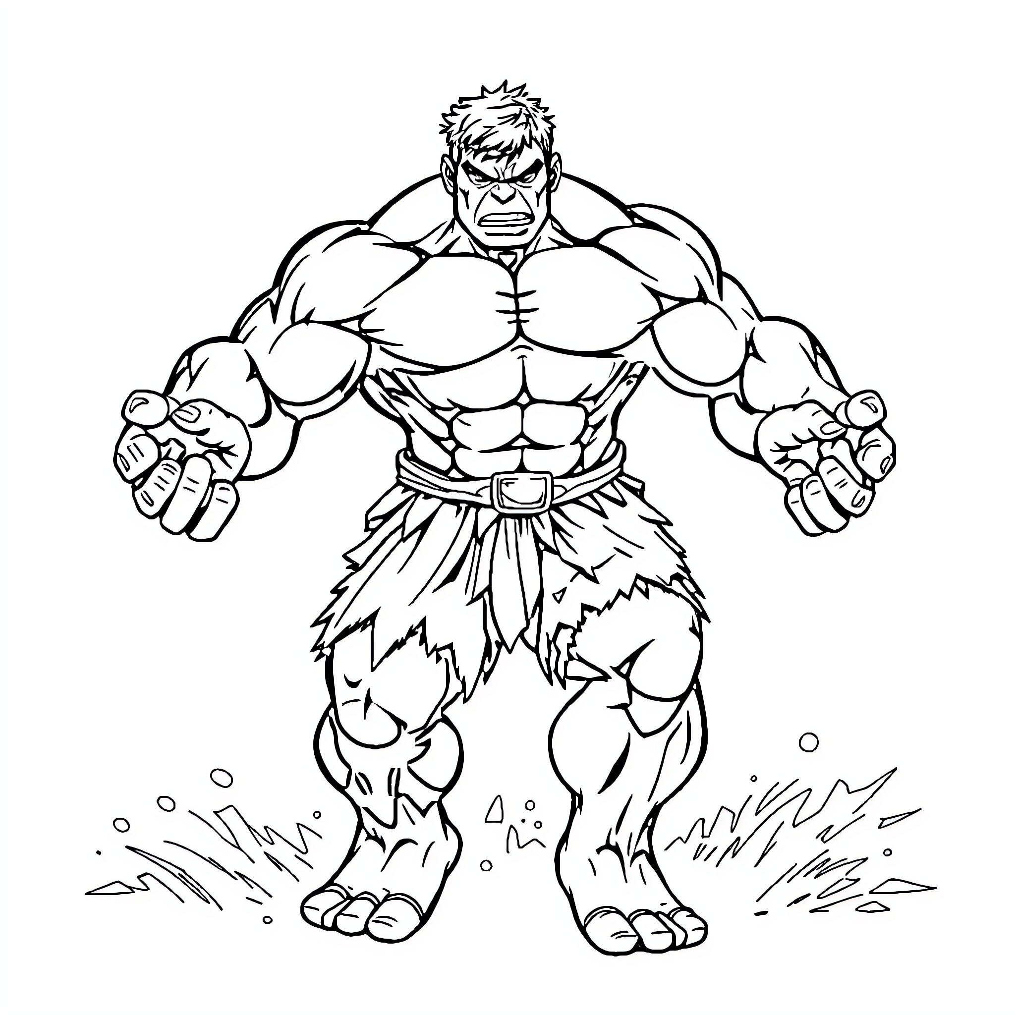 Hulk Unleashing Mighty Strength and Fury Coloring Page (free black-and-white line drawing printable PDF for all, from beginners to advanced learners, including children, teens, adults, and seniors)