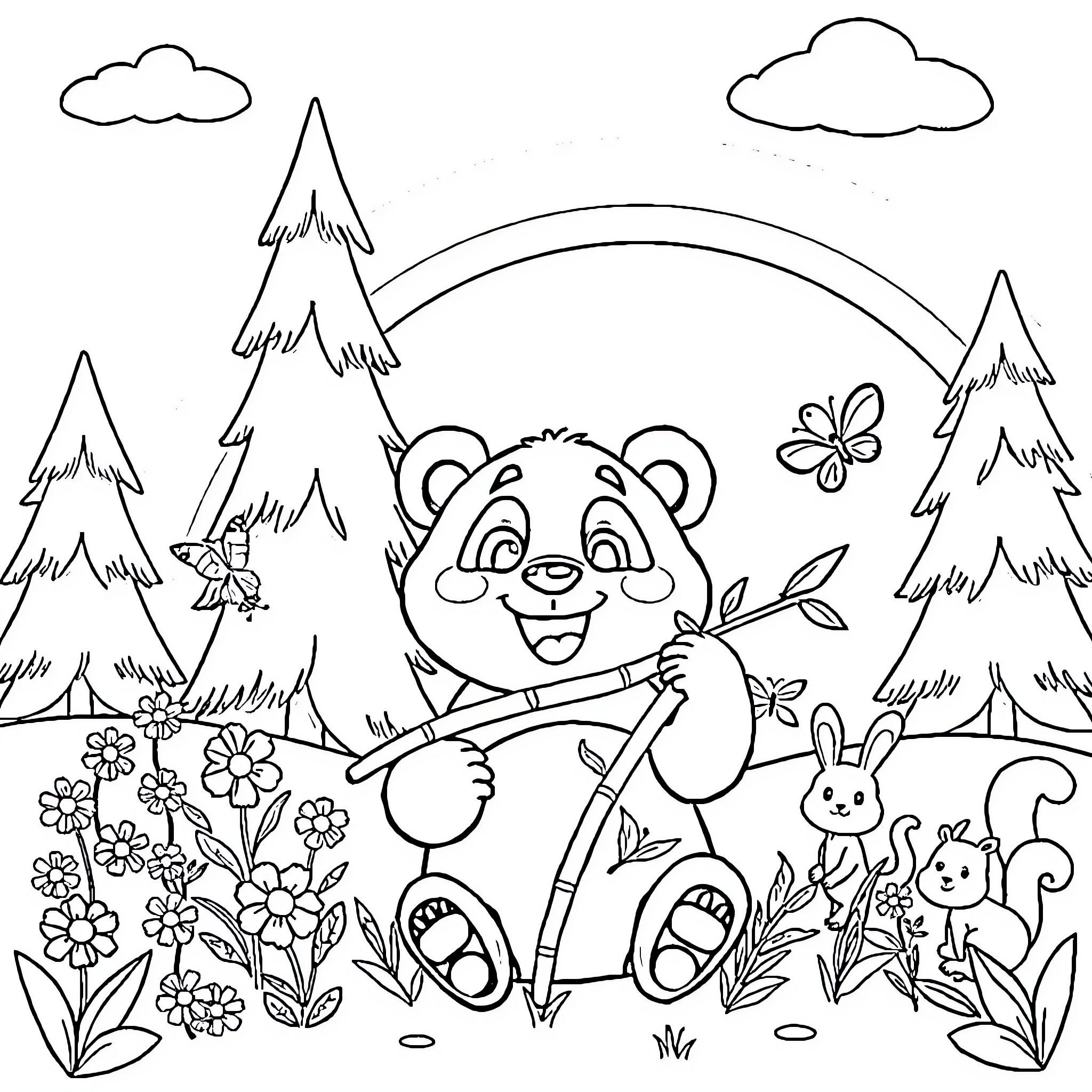 Panda enjoying nature's beauty in the forest Coloring Page (free black-and-white line drawing printable PDF for all, from beginners to advanced learners, including children, teens, adults, and seniors)
