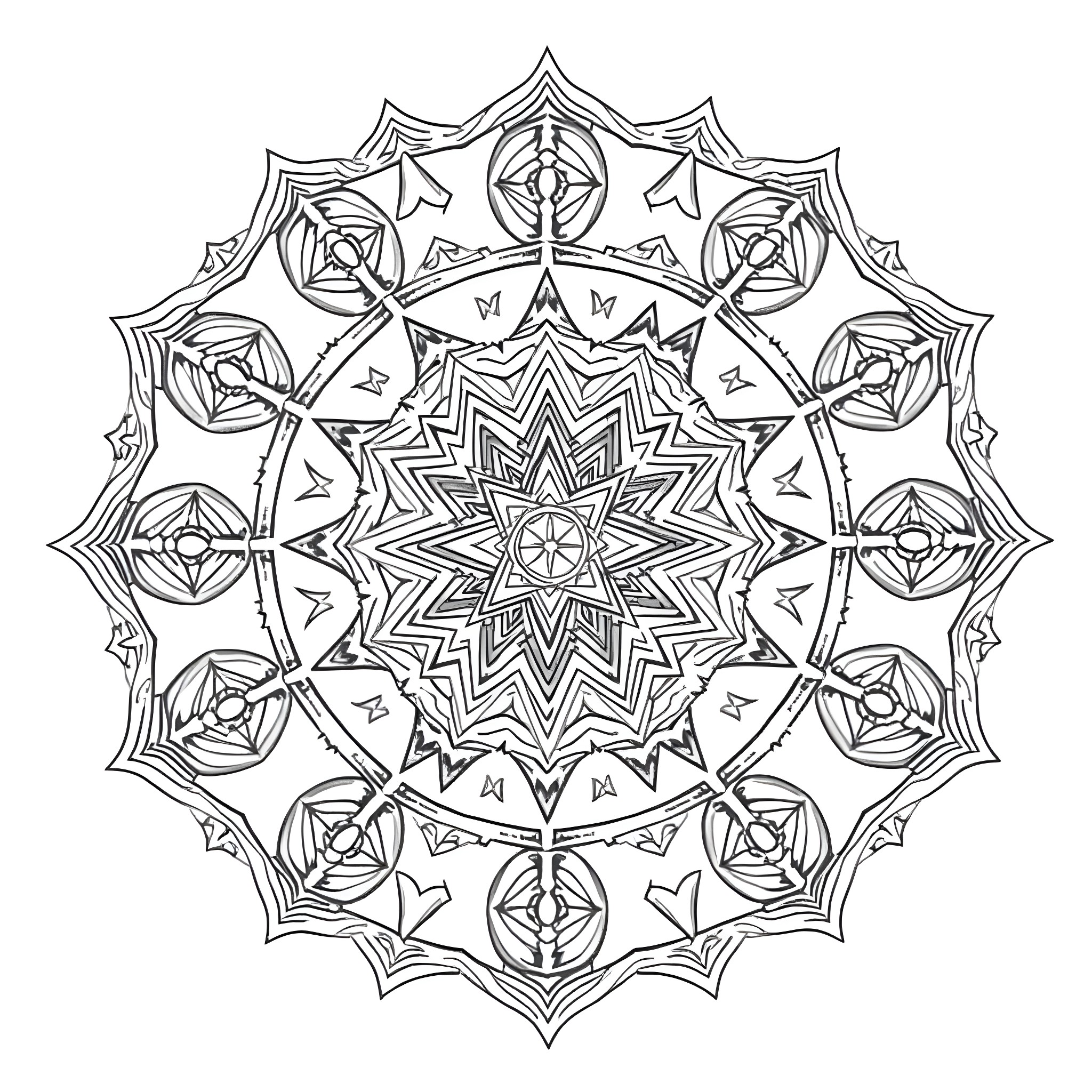 Mandala with intricate floral and geometric patterns Coloring Page (free black-and-white line drawing printable PDF for all, from beginners to advanced learners, including children, teens, adults, and seniors)