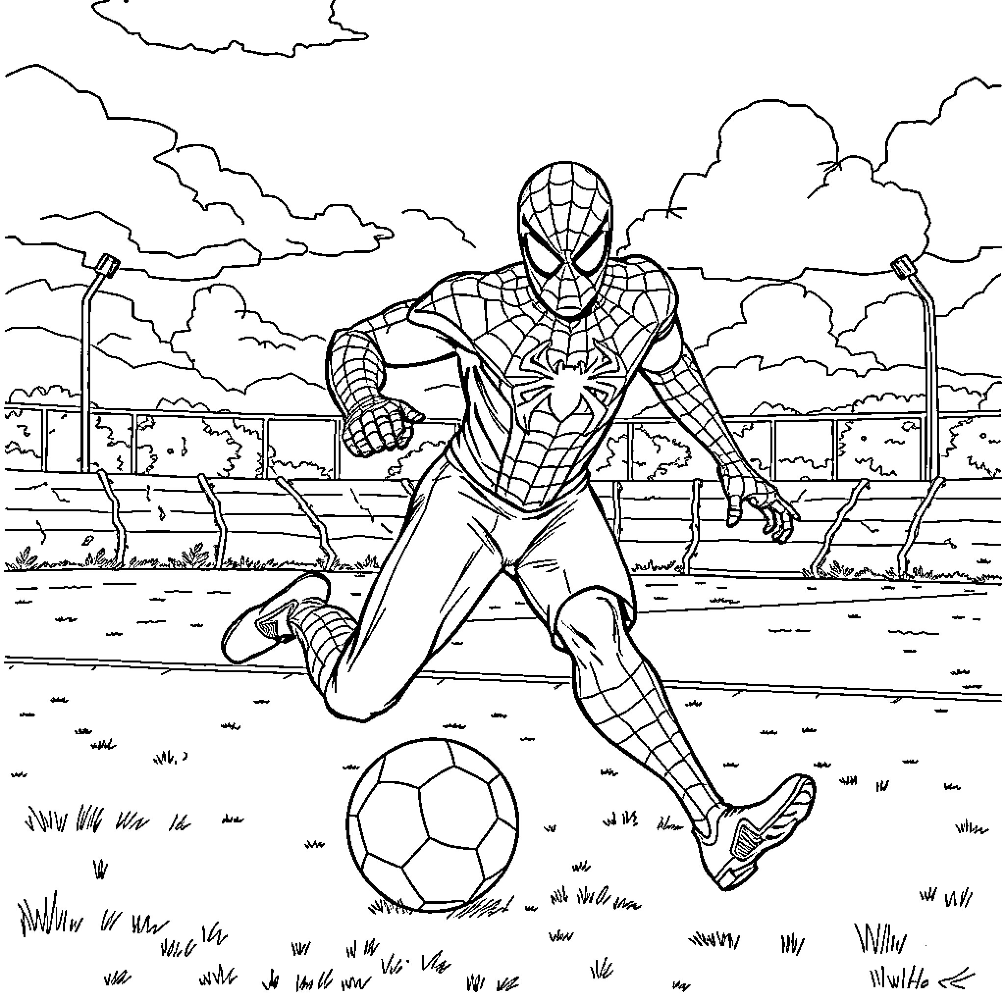 Spiderman playing with a soccer ball on the field Coloring Page (free black-and-white line drawing printable PDF for all, from beginners to advanced learners, including children, teens, adults, and seniors)