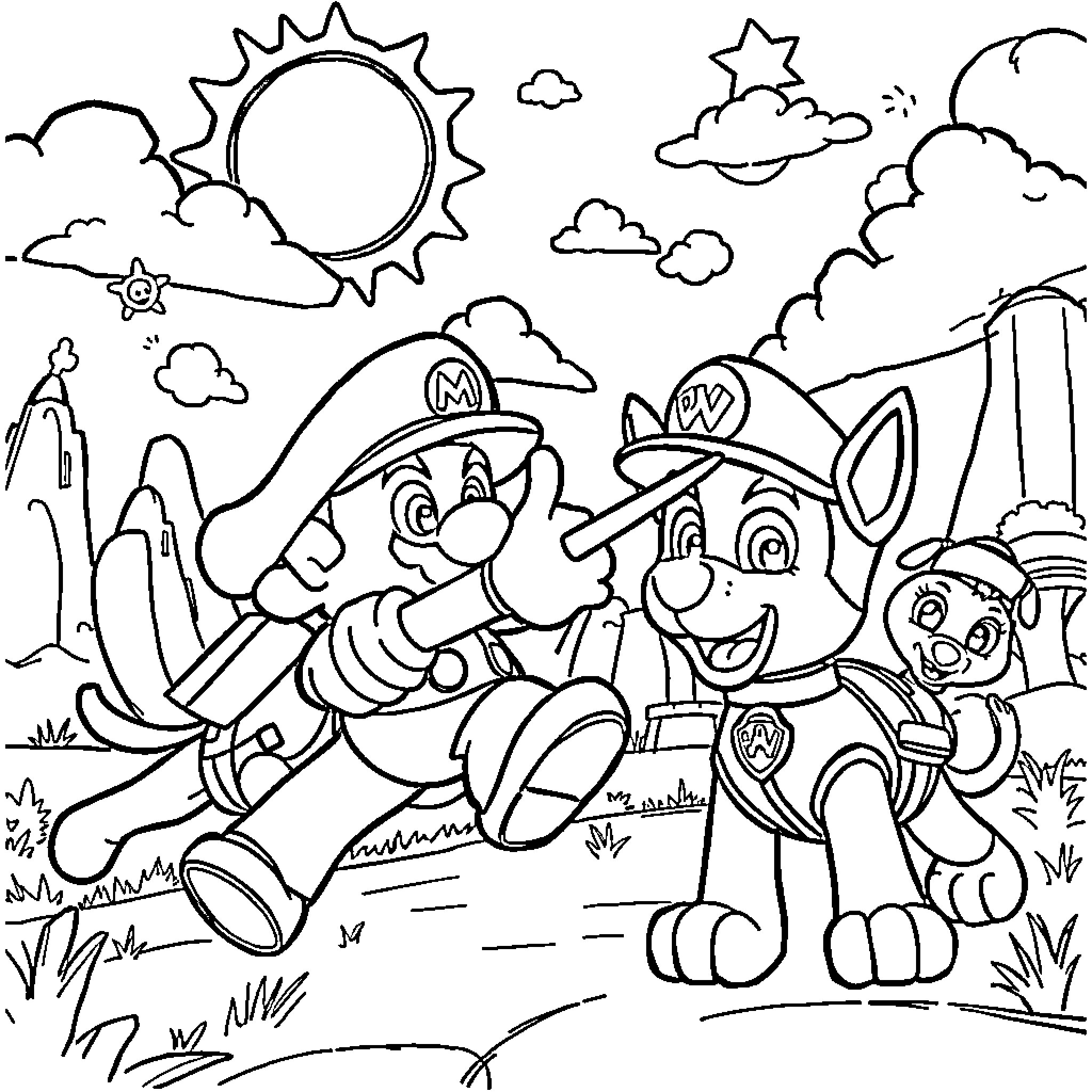 Super Mario and Friends on a Playful Adventure Coloring Page (free black-and-white line drawing printable PDF for all, from beginners to advanced learners, including children, teens, adults, and seniors)