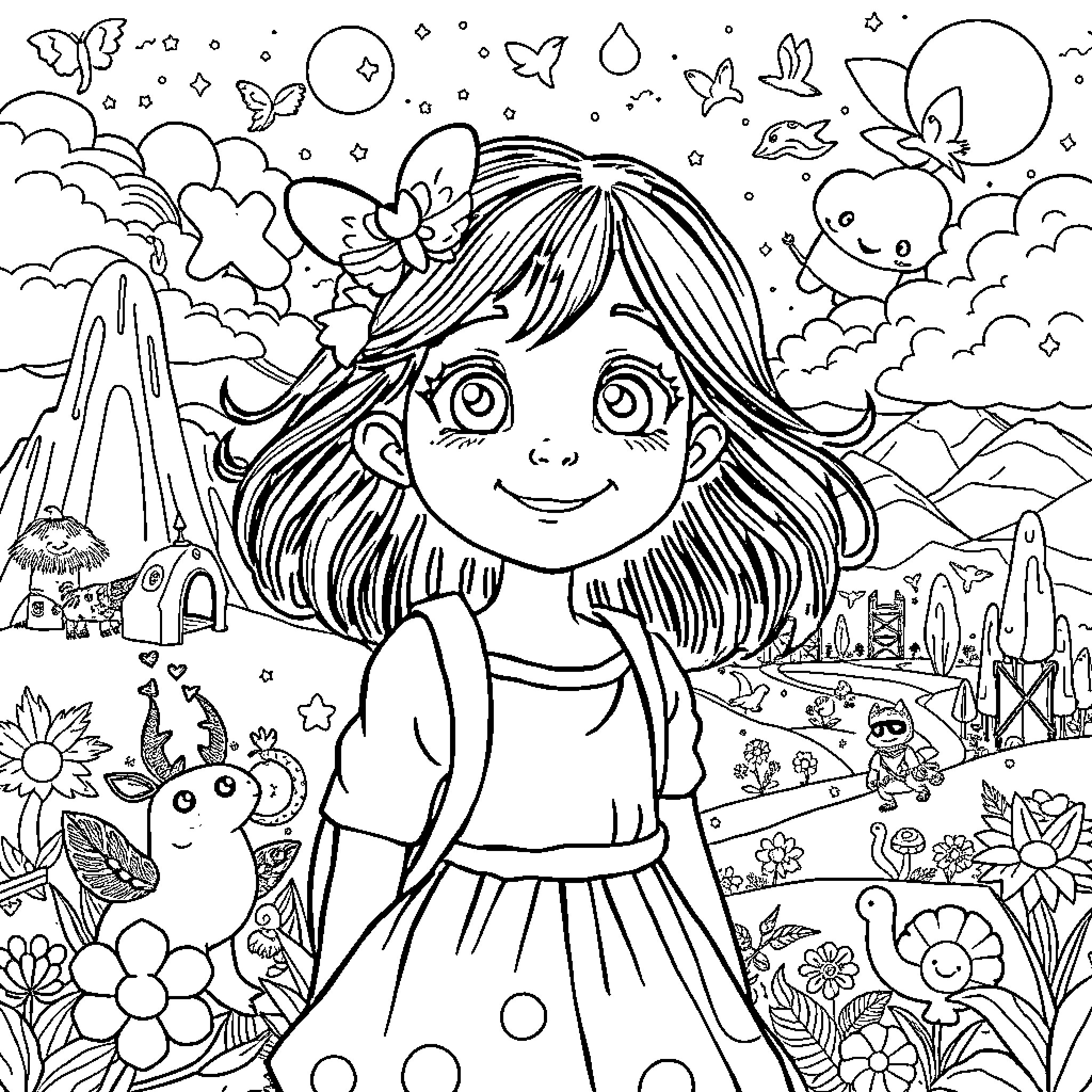 Zoey's Magical Fantasy Adventure Coloring Page (free black-and-white line drawing printable PDF for all, from beginners to advanced learners, including children, teens, adults, and seniors)