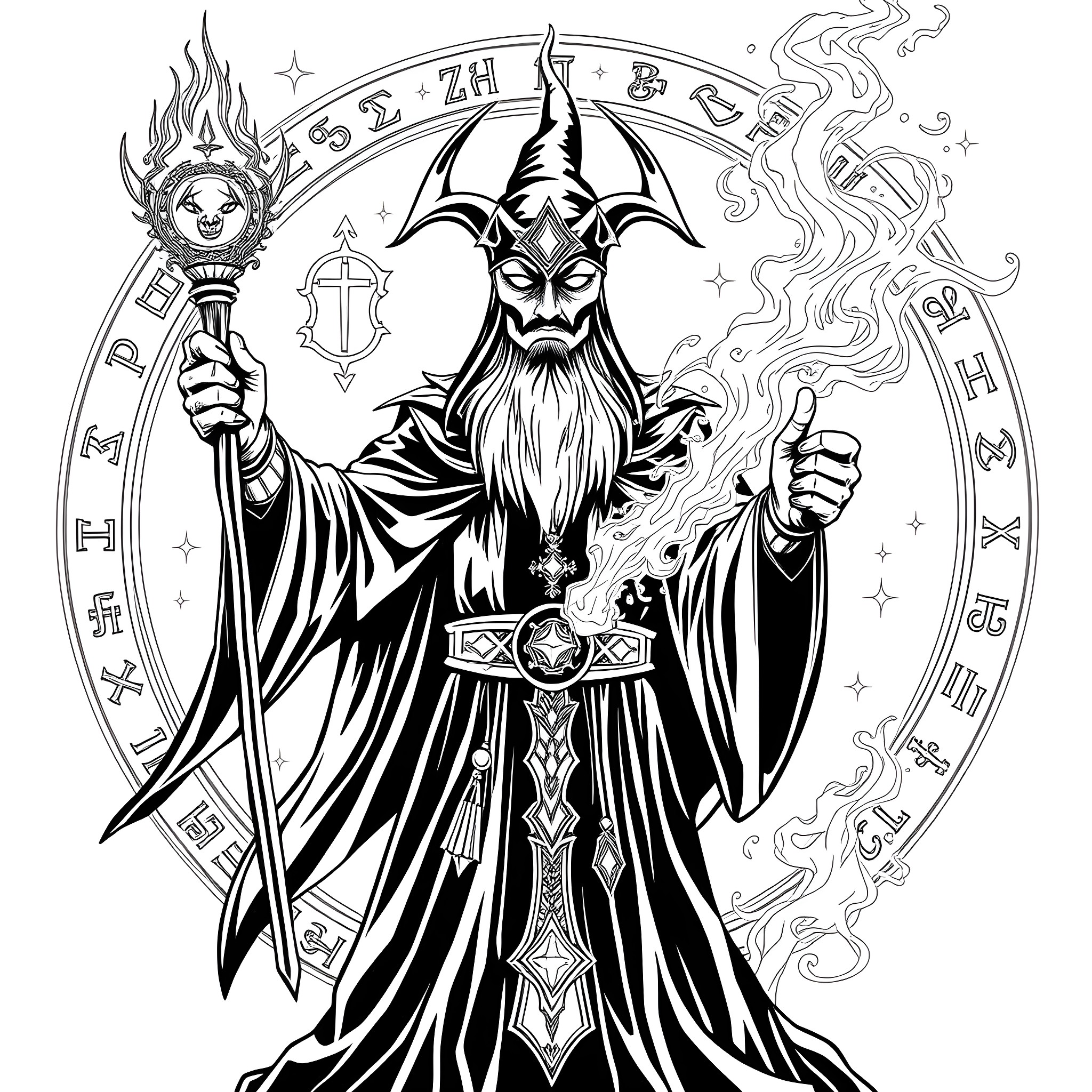 Dark Magician performing powerful ritual with arcane symbols Coloring Page (free black-and-white line drawing printable PDF for all, from beginners to advanced learners, including children, teens, adults, and seniors)