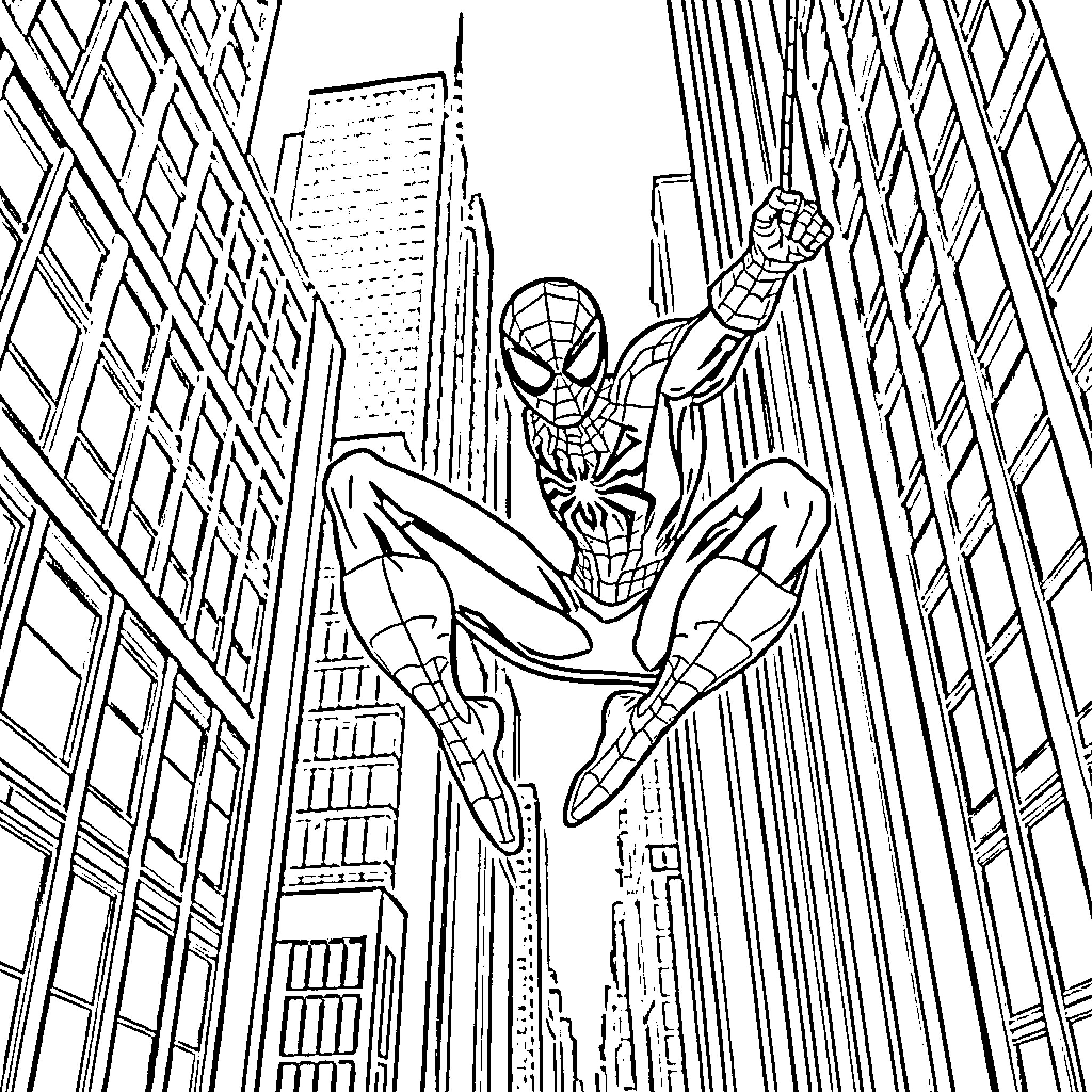 Spiderman swinging through the cityscape Coloring Page (free black-and-white line drawing printable PDF for all, from beginners to advanced learners, including children, teens, adults, and seniors)