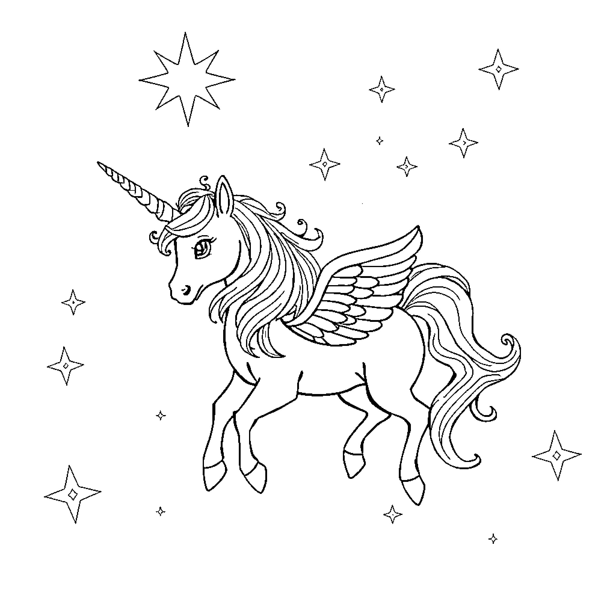 Unicorn with wings soaring among the stars Coloring Page (free black-and-white line drawing printable PDF for all, from beginners to advanced learners, including children, teens, adults, and seniors)