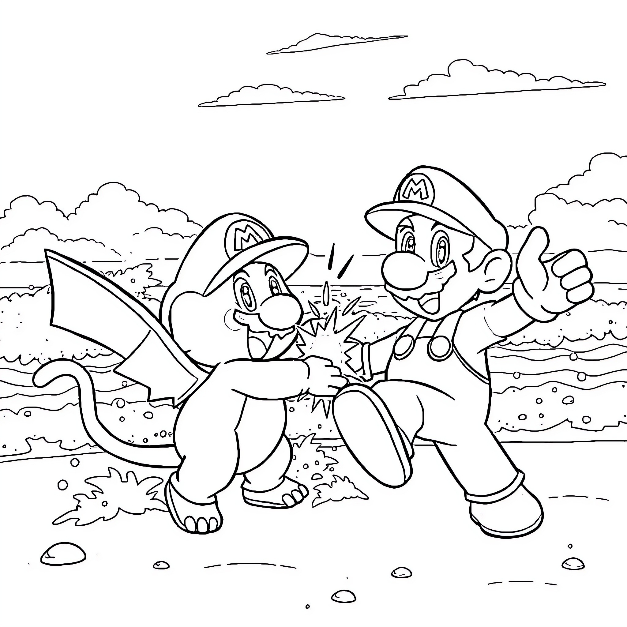 Pokémon heroes exploring the outdoors Coloring Page (free black-and-white line drawing printable PDF for all, from beginners to advanced learners, including children, teens, adults, and seniors)