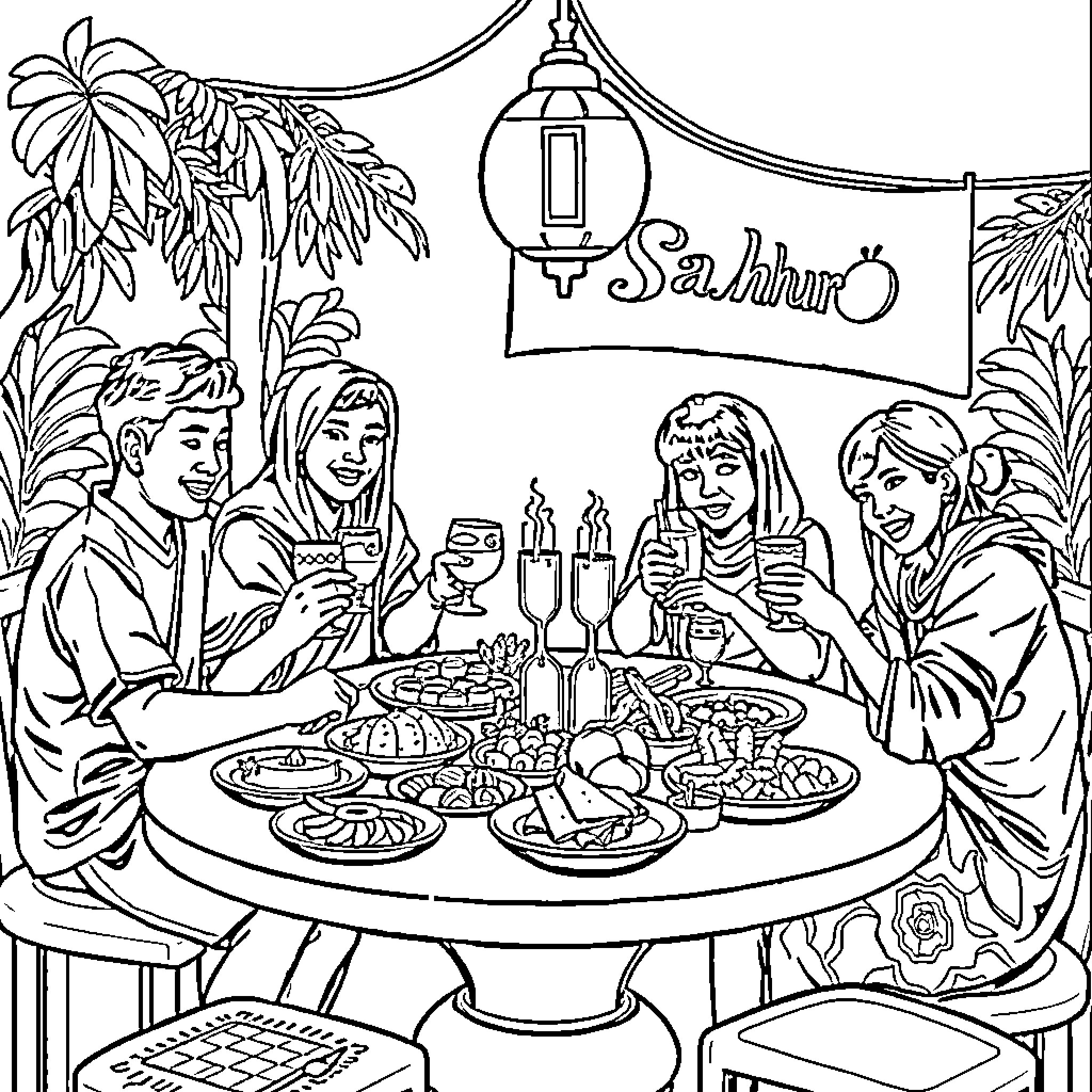 Tung Tung friends enjoying a festive gathering Coloring Page (free black-and-white line drawing printable PDF for all, from beginners to advanced learners, including children, teens, adults, and seniors)