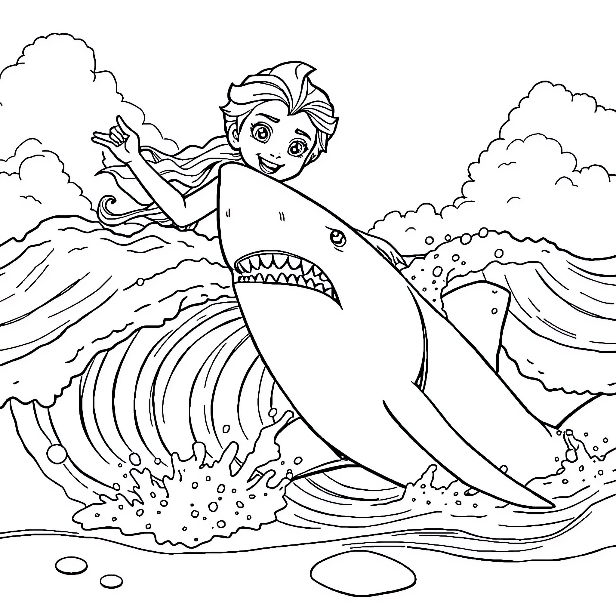 Elsa riding a friendly shark in the ocean Coloring Page (free black-and-white line drawing printable PDF for all, from beginners to advanced learners, including children, teens, adults, and seniors)