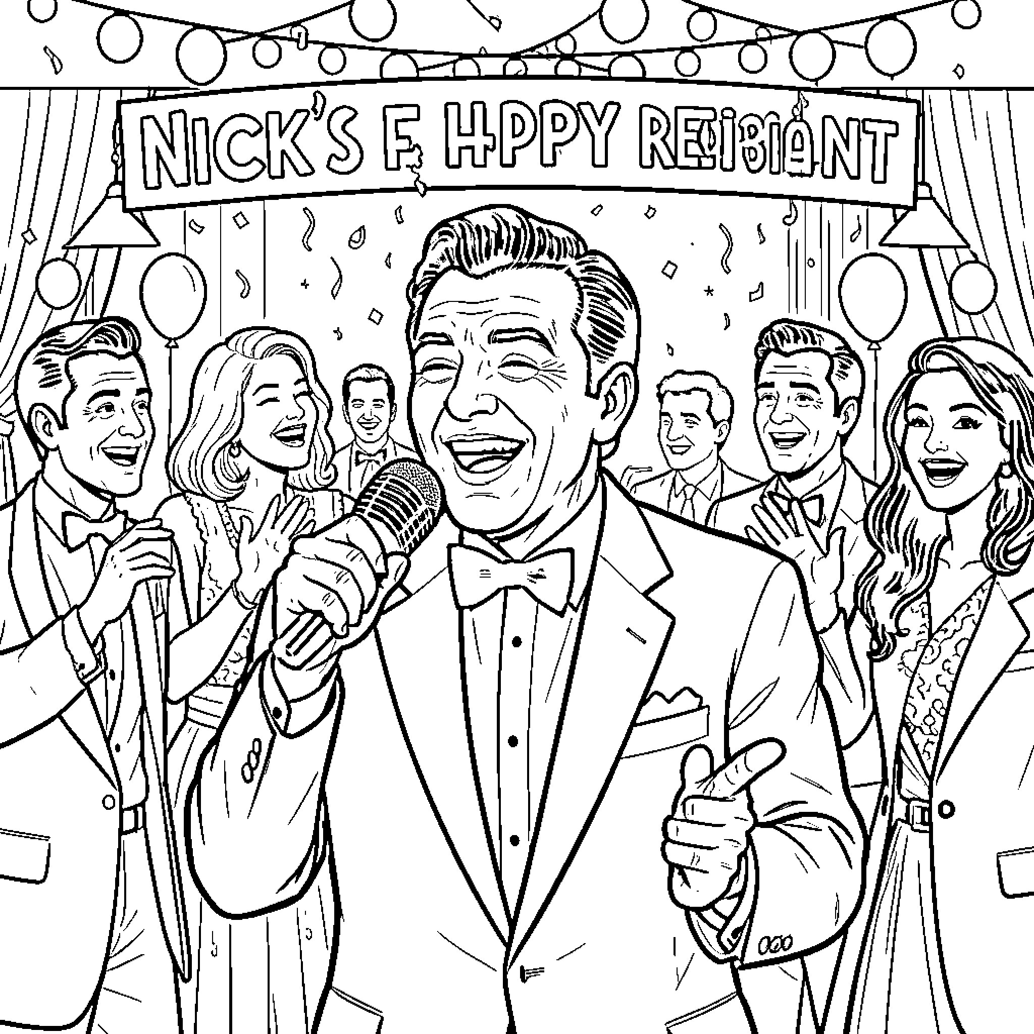Frank Sinatra Performing at a Festive Celebration Coloring Page (free black-and-white line drawing printable PDF for all, from beginners to advanced learners, including children, teens, adults, and seniors)