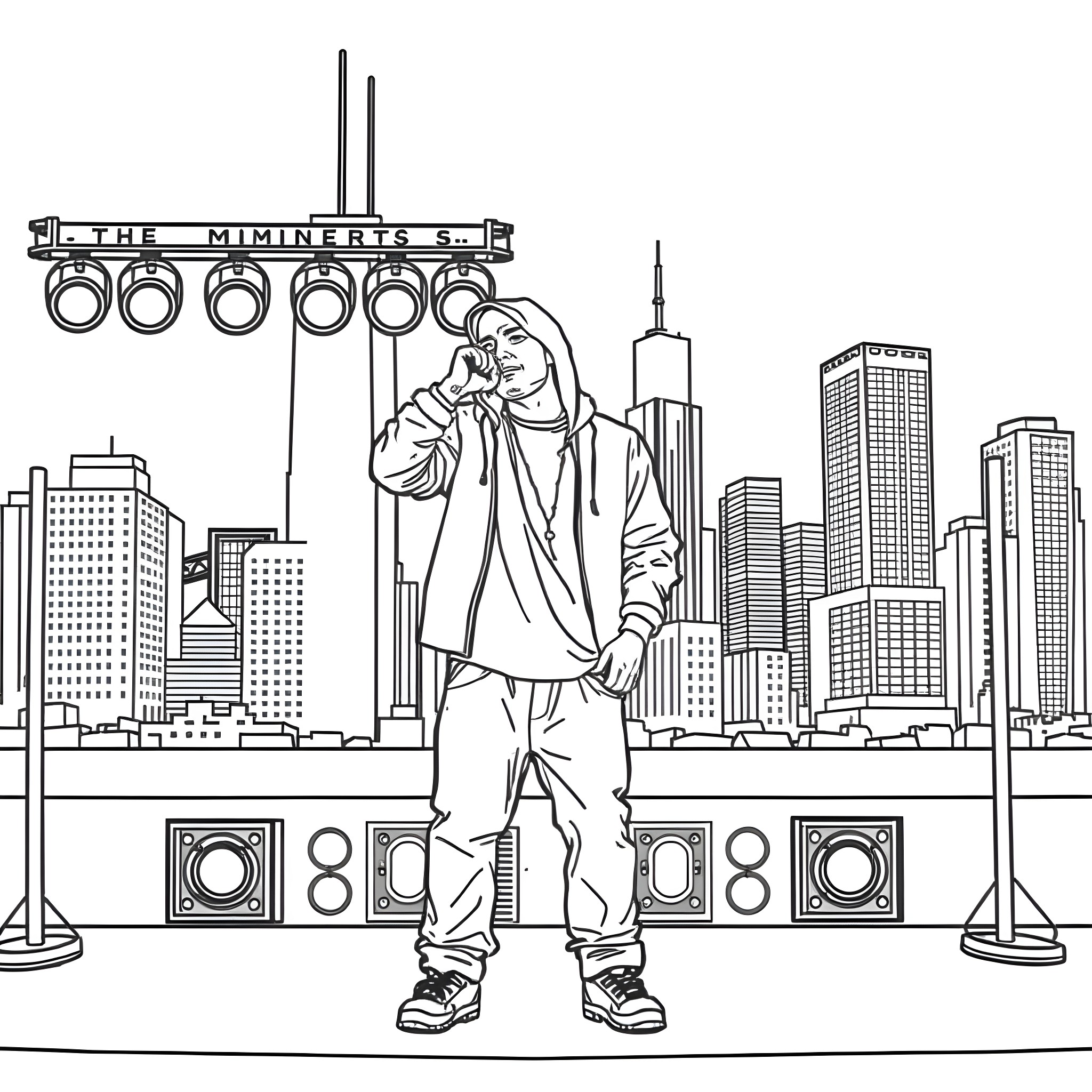 Eminem performing on stage in the city Coloring Page (free black-and-white line drawing printable PDF for all, from beginners to advanced learners, including children, teens, adults, and seniors)