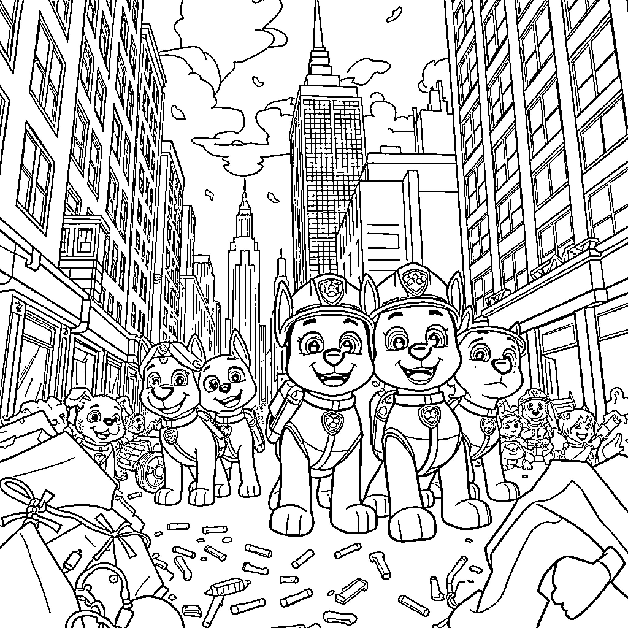 Paw Patrol Heroic Adventures in the City Coloring Page (free black-and-white line drawing printable PDF for all, from beginners to advanced learners, including children, teens, adults, and seniors)