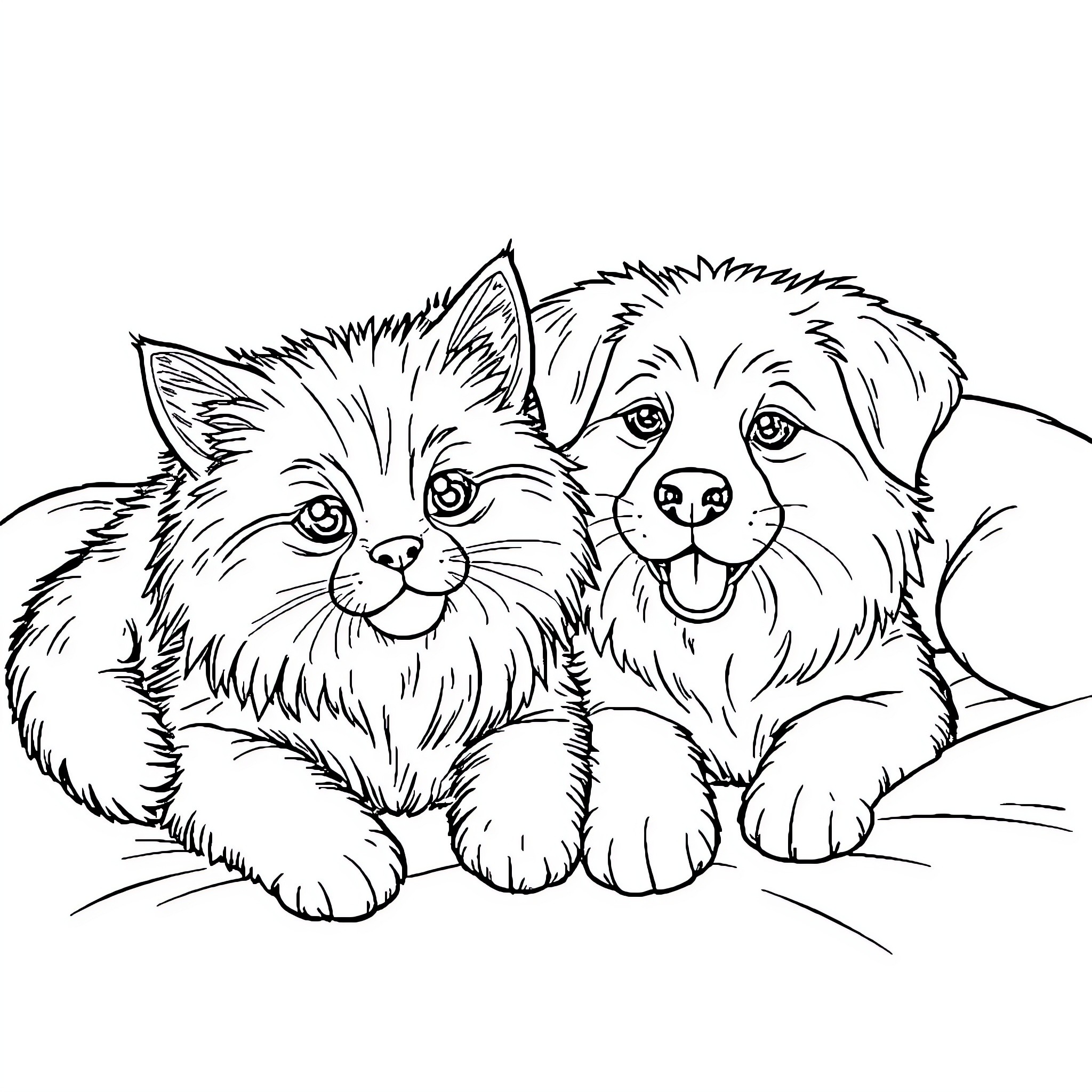 Cat and Dog Companions Resting Together Coloring Page (free black-and-white line drawing printable PDF for all, from beginners to advanced learners, including children, teens, adults, and seniors)
