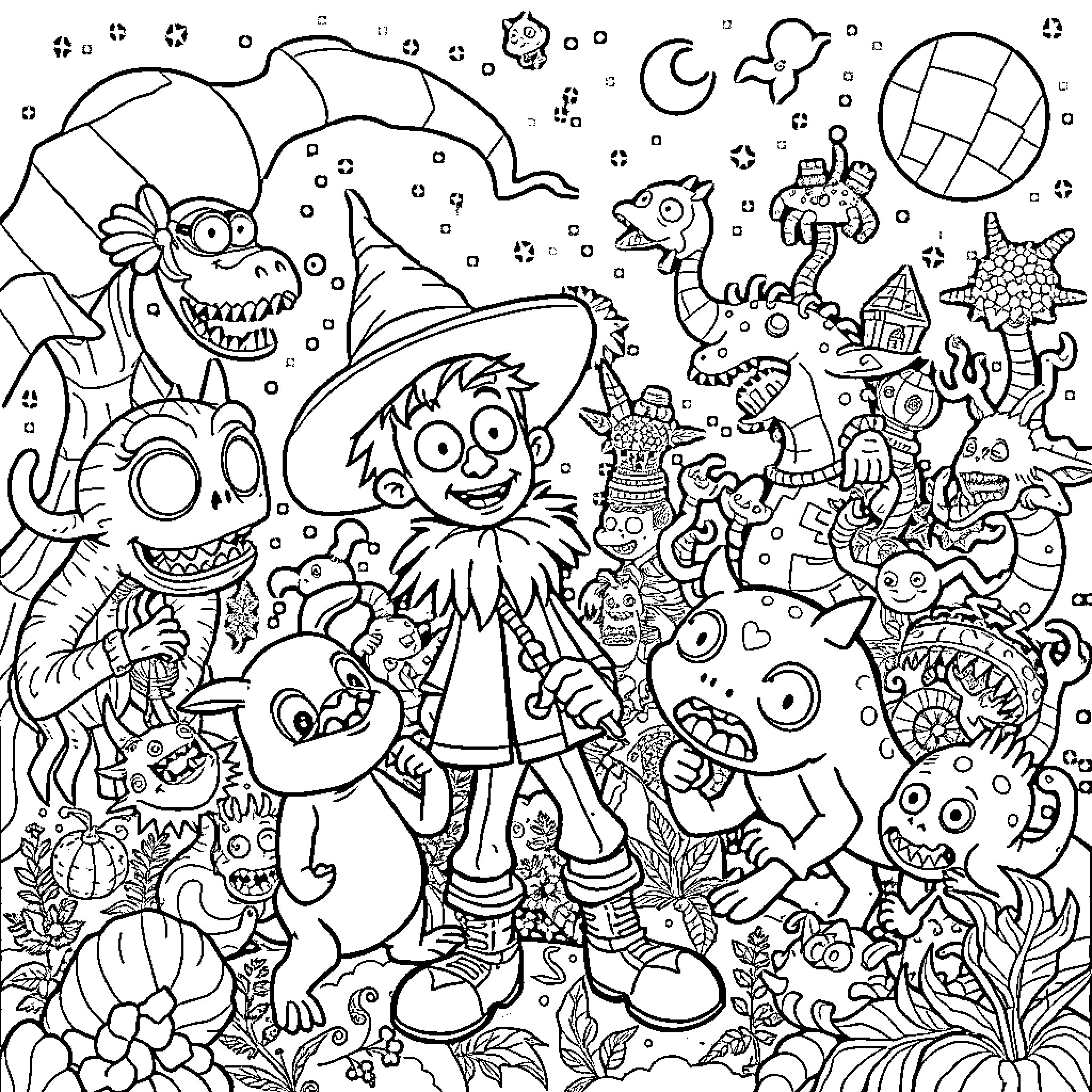 Dandy Creatures in a Whimsical World Coloring Page (free black-and-white line drawing printable PDF for all, from beginners to advanced learners, including children, teens, adults, and seniors)