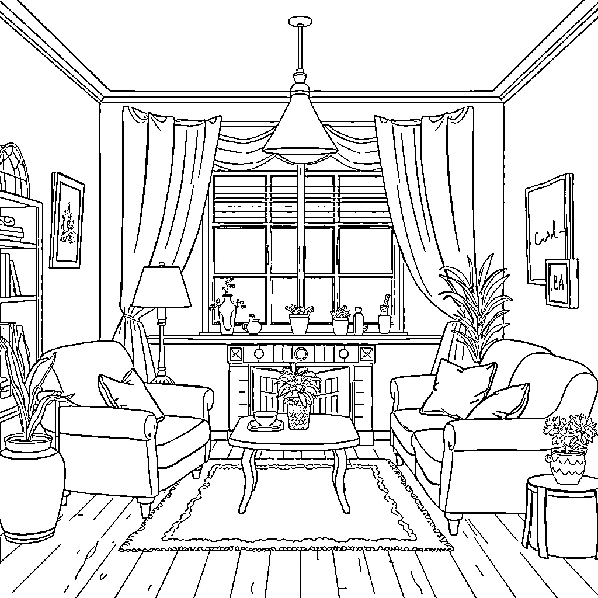 Aesthetic cozy living room with fireplace and decor Coloring Page (free black-and-white line drawing printable PDF for all, from beginners to advanced learners, including children, teens, adults, and seniors)