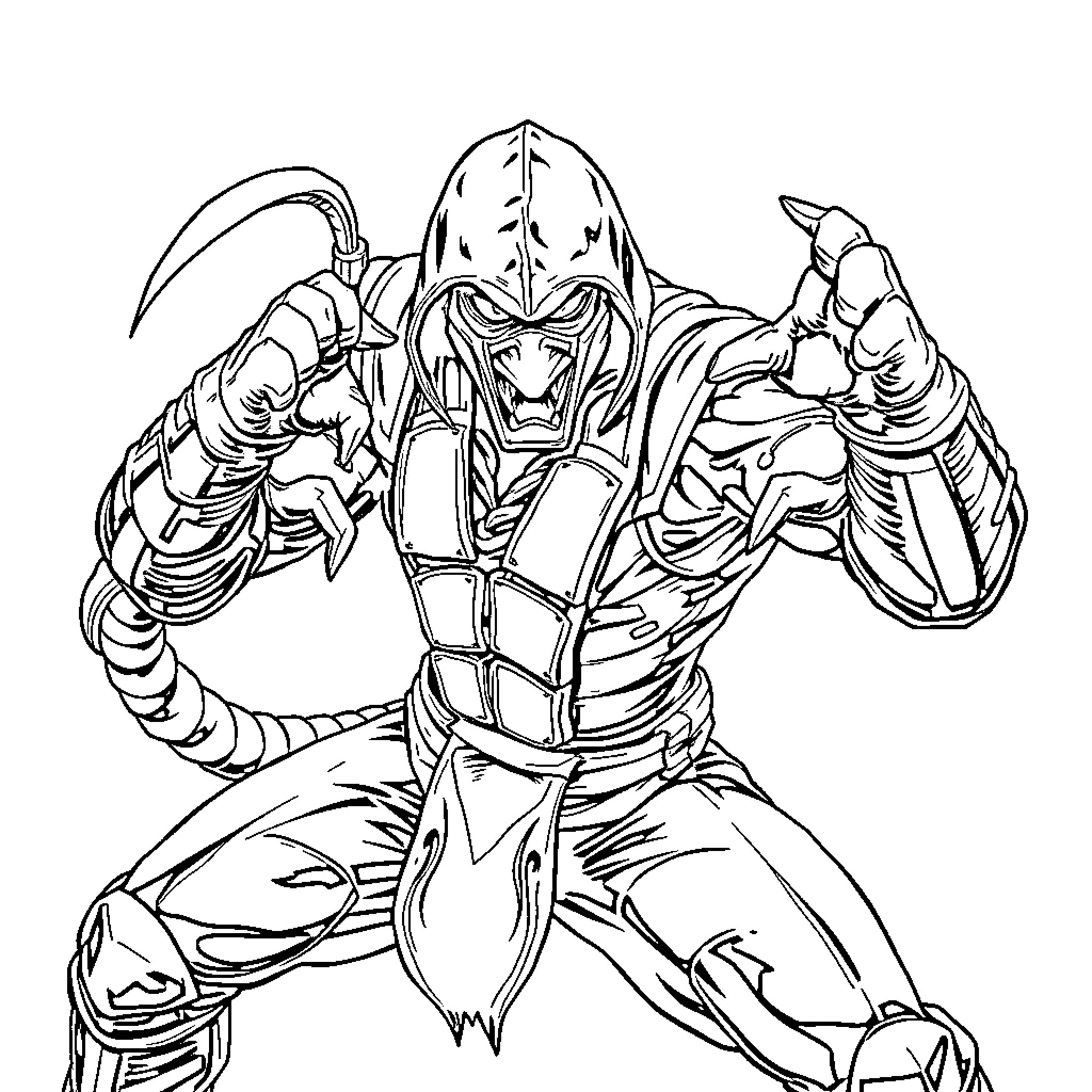 Scorpion warrior in action-packed pose Coloring Page (free black-and-white line drawing printable PDF for all, from beginners to advanced learners, including children, teens, adults, and seniors)
