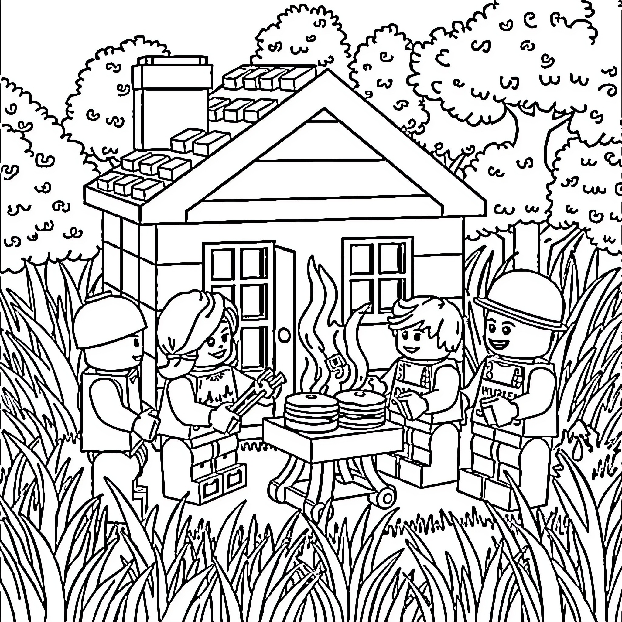 Lego family enjoying a backyard barbecue Coloring Page (free black-and-white line drawing printable PDF for all, from beginners to advanced learners, including children, teens, adults, and seniors)