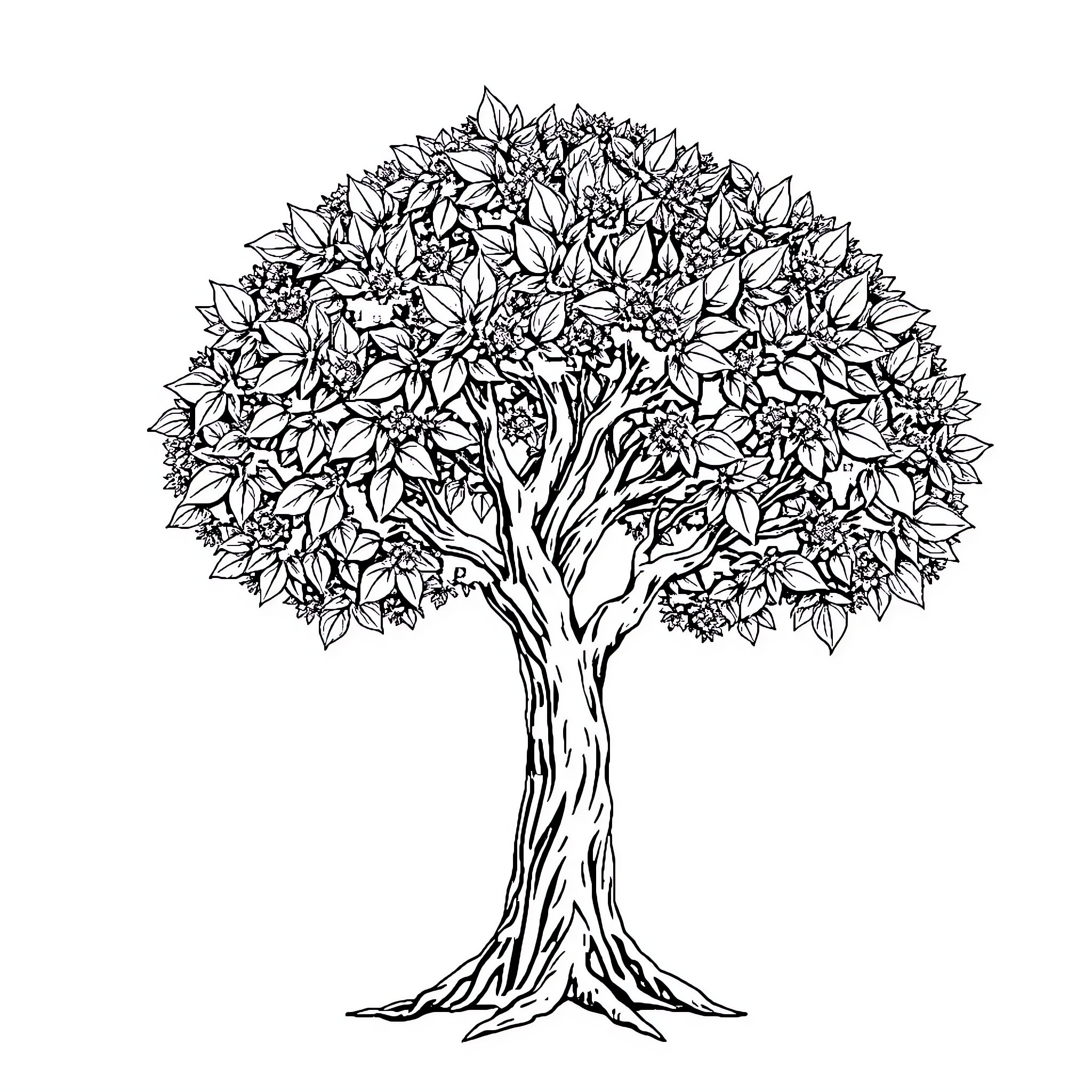Tree with lush foliage Coloring Page (free black-and-white line drawing printable PDF for all, from beginners to advanced learners, including children, teens, adults, and seniors)