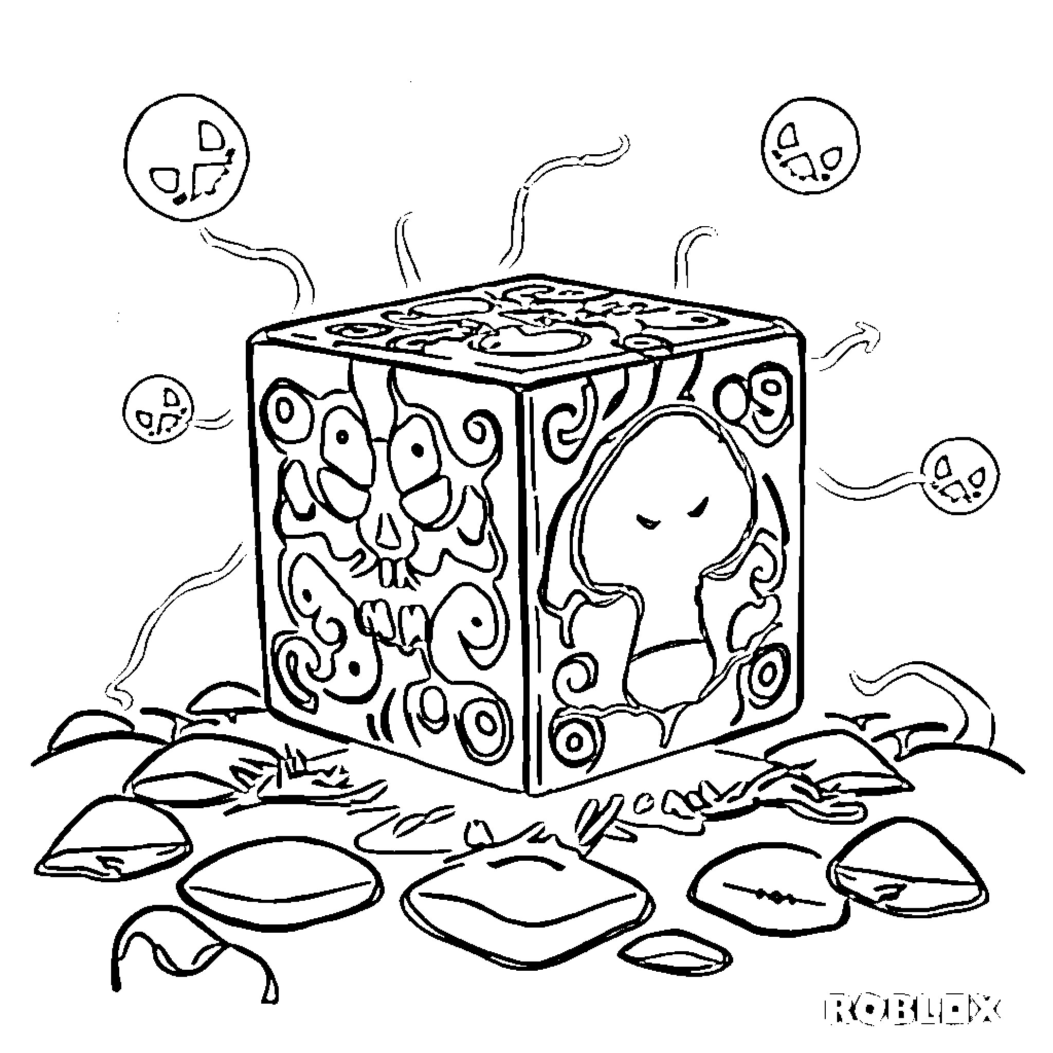 Lucky Block with Mysterious Creatures and Shapes Coloring Page (free black-and-white line drawing printable PDF for all, from beginners to advanced learners, including children, teens, adults, and seniors)