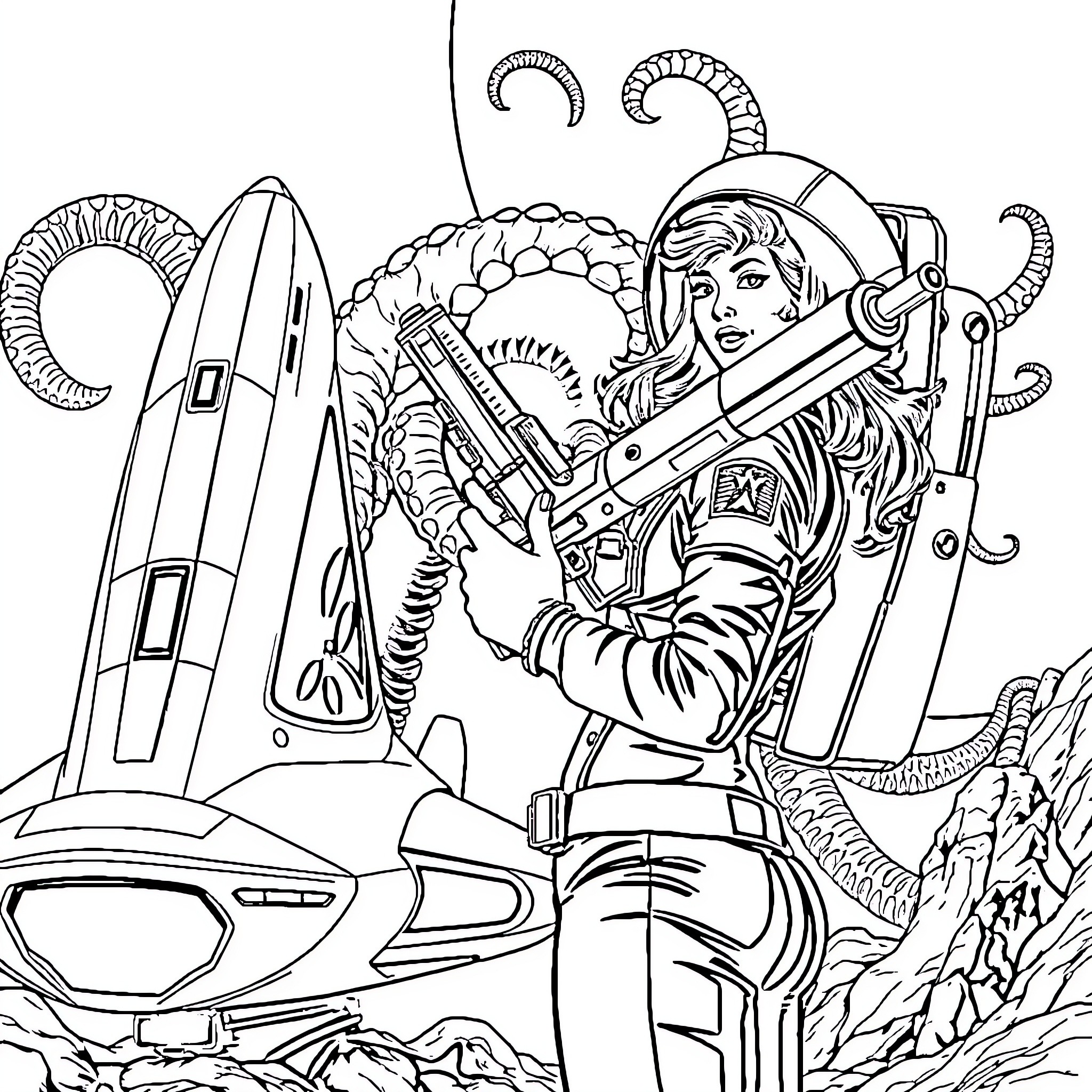 Astronaut exploring alien landscape with rocket and equipment Coloring Page (free black-and-white line drawing printable PDF for all, from beginners to advanced learners, including children, teens, adults, and seniors)