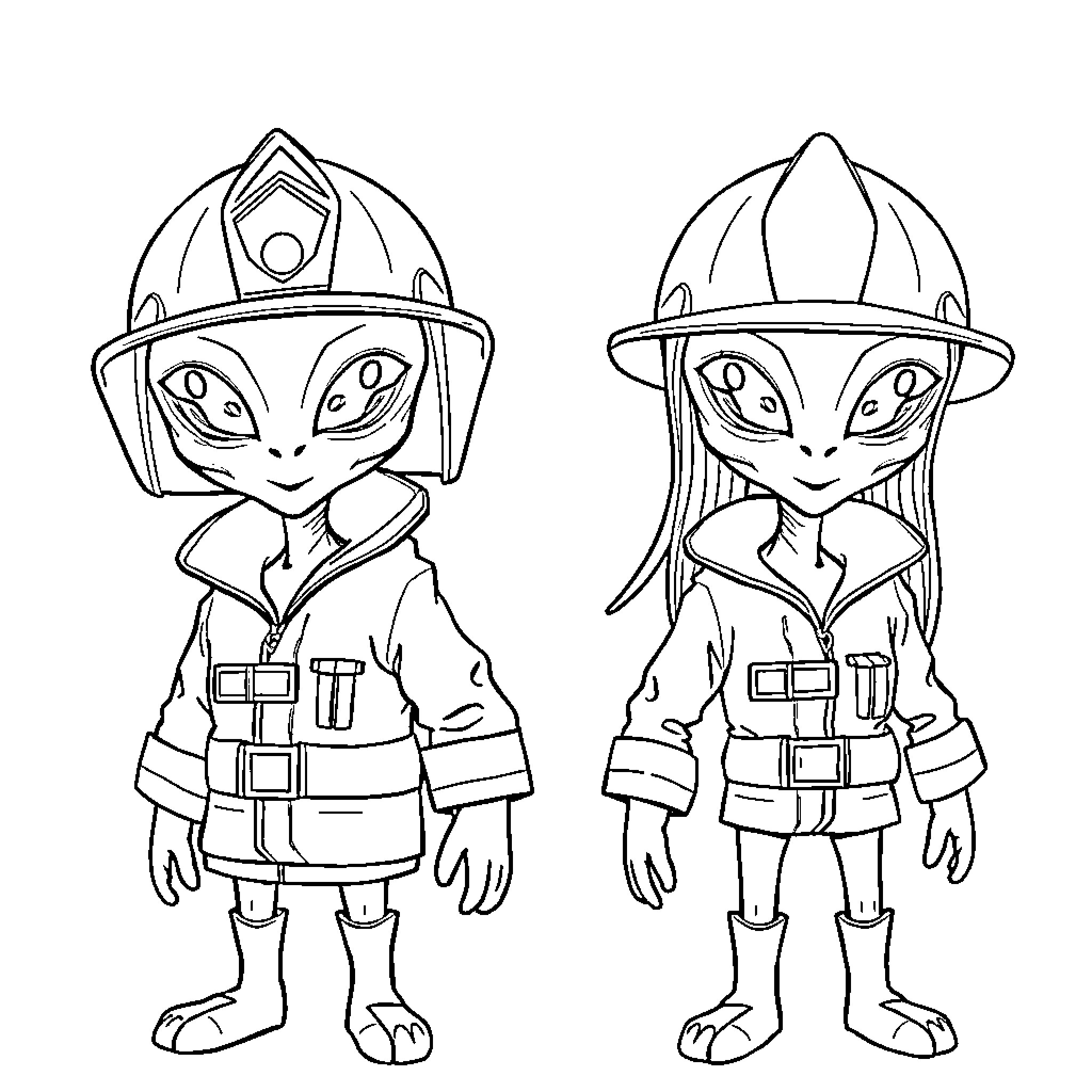 Alien firefighters in action-ready outfits Coloring Page (free black-and-white line drawing printable PDF for all, from beginners to advanced learners, including children, teens, adults, and seniors)