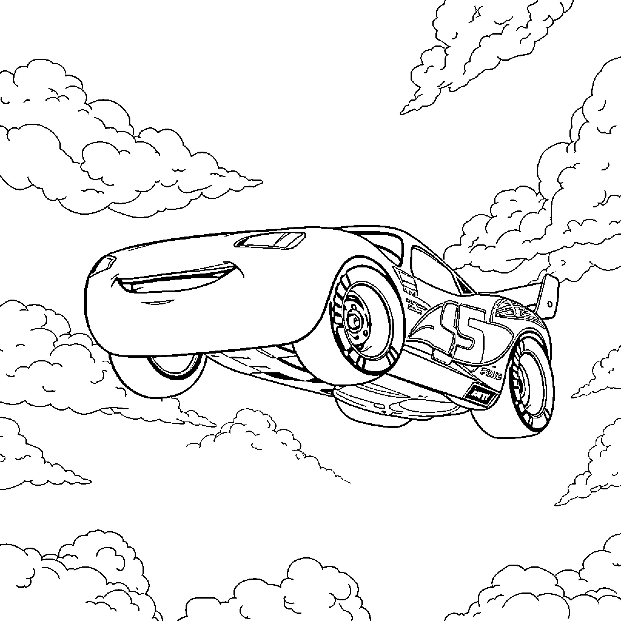 McQueen's high-speed race in the clouds Coloring Page (free black-and-white line drawing printable PDF for all, from beginners to advanced learners, including children, teens, adults, and seniors)