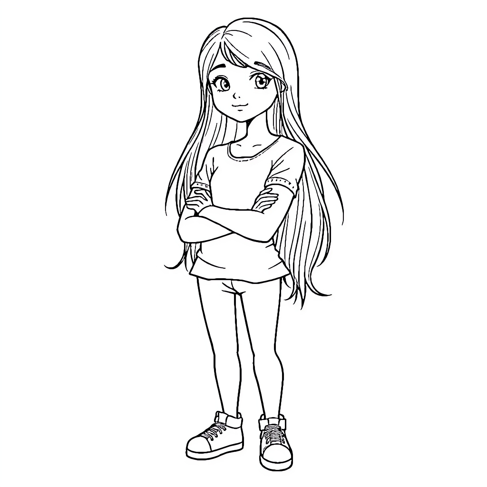 Girl standing with arms crossed Coloring Page (free black-and-white line drawing printable PDF for all, from beginners to advanced learners, including children, teens, adults, and seniors)