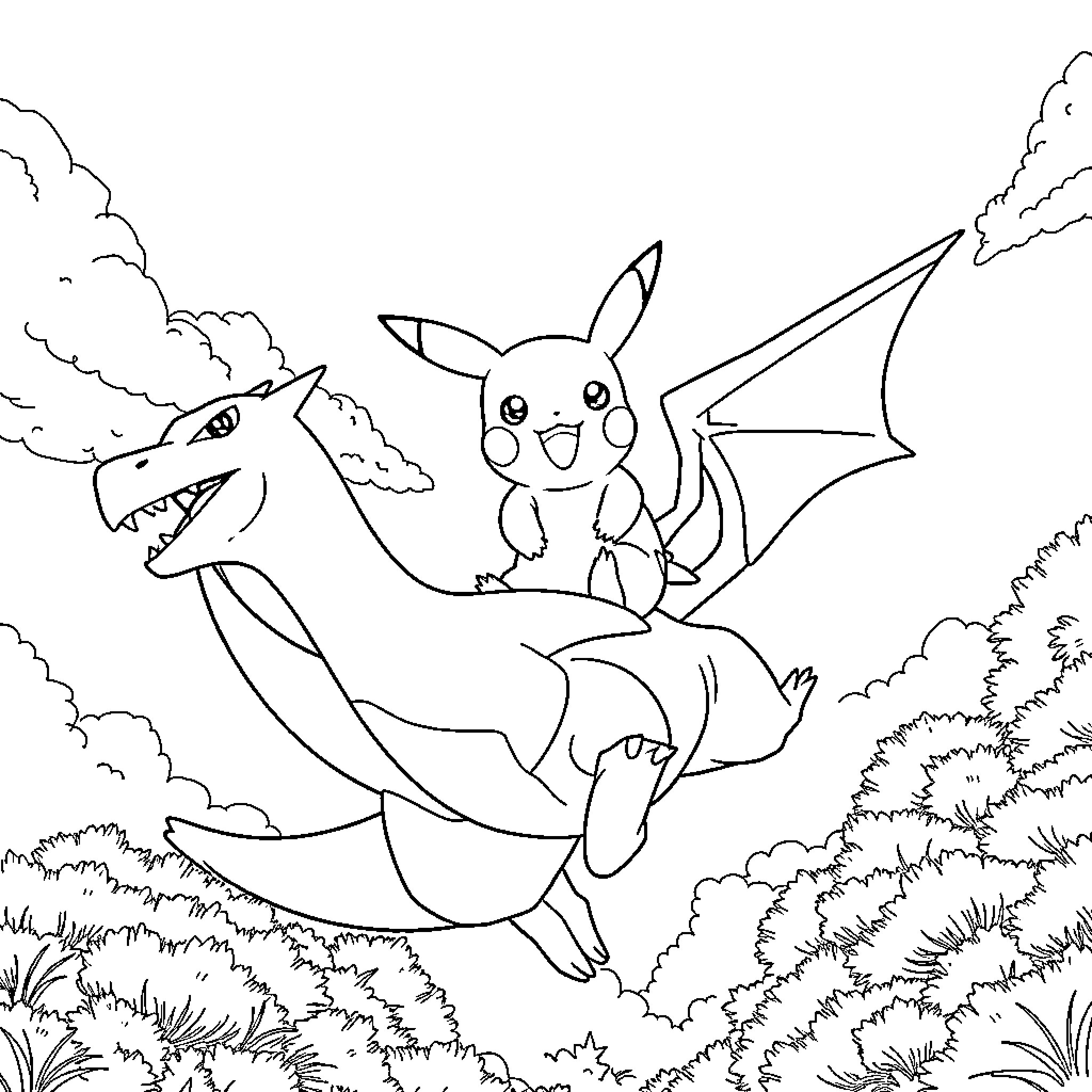 Pikachu riding a dragon in a magical landscape Coloring Page (free black-and-white line drawing printable PDF for all, from beginners to advanced learners, including children, teens, adults, and seniors)