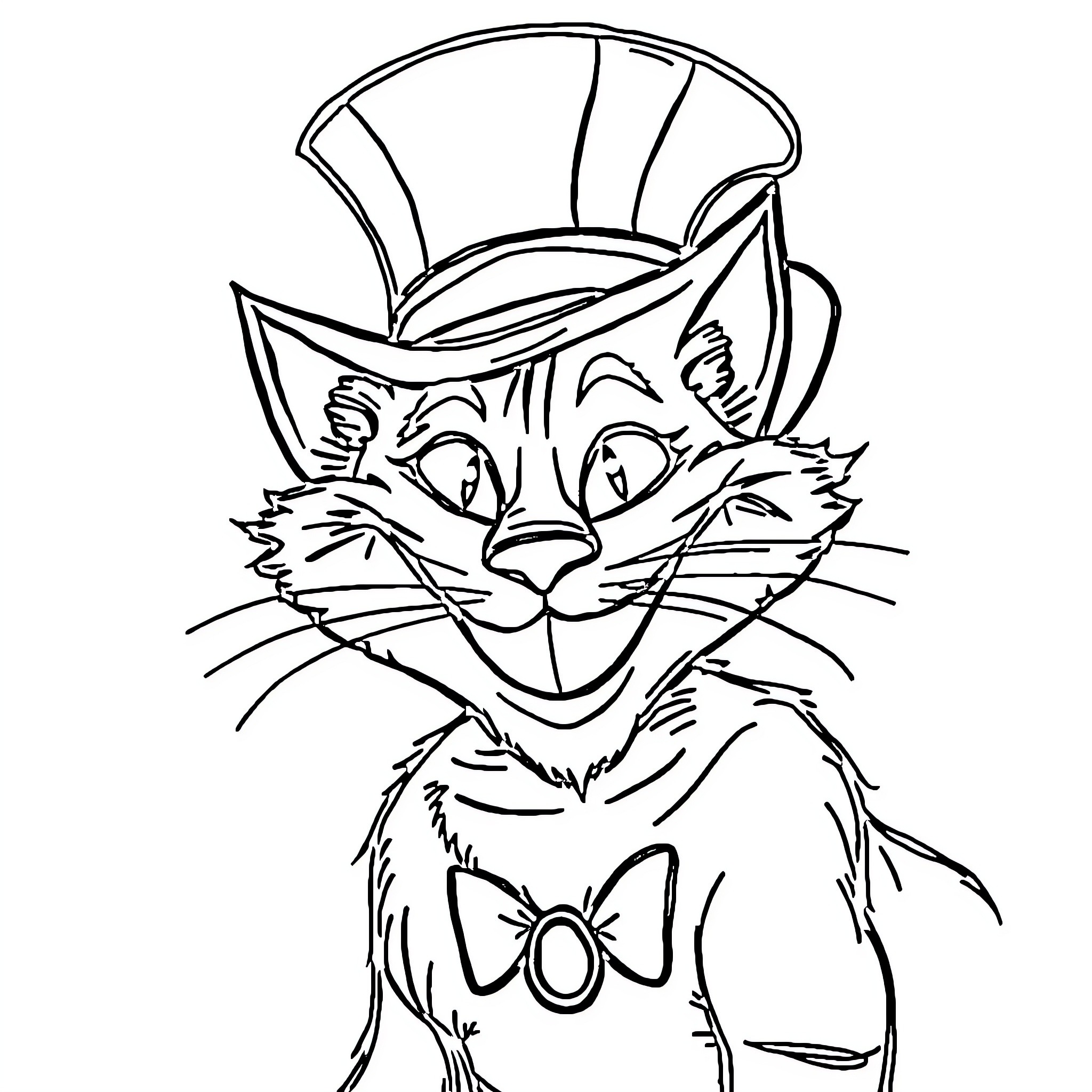 Cheshire Cat wearing a top hat with a bow tie Coloring Page (free black-and-white line drawing printable PDF for all, from beginners to advanced learners, including children, teens, adults, and seniors)