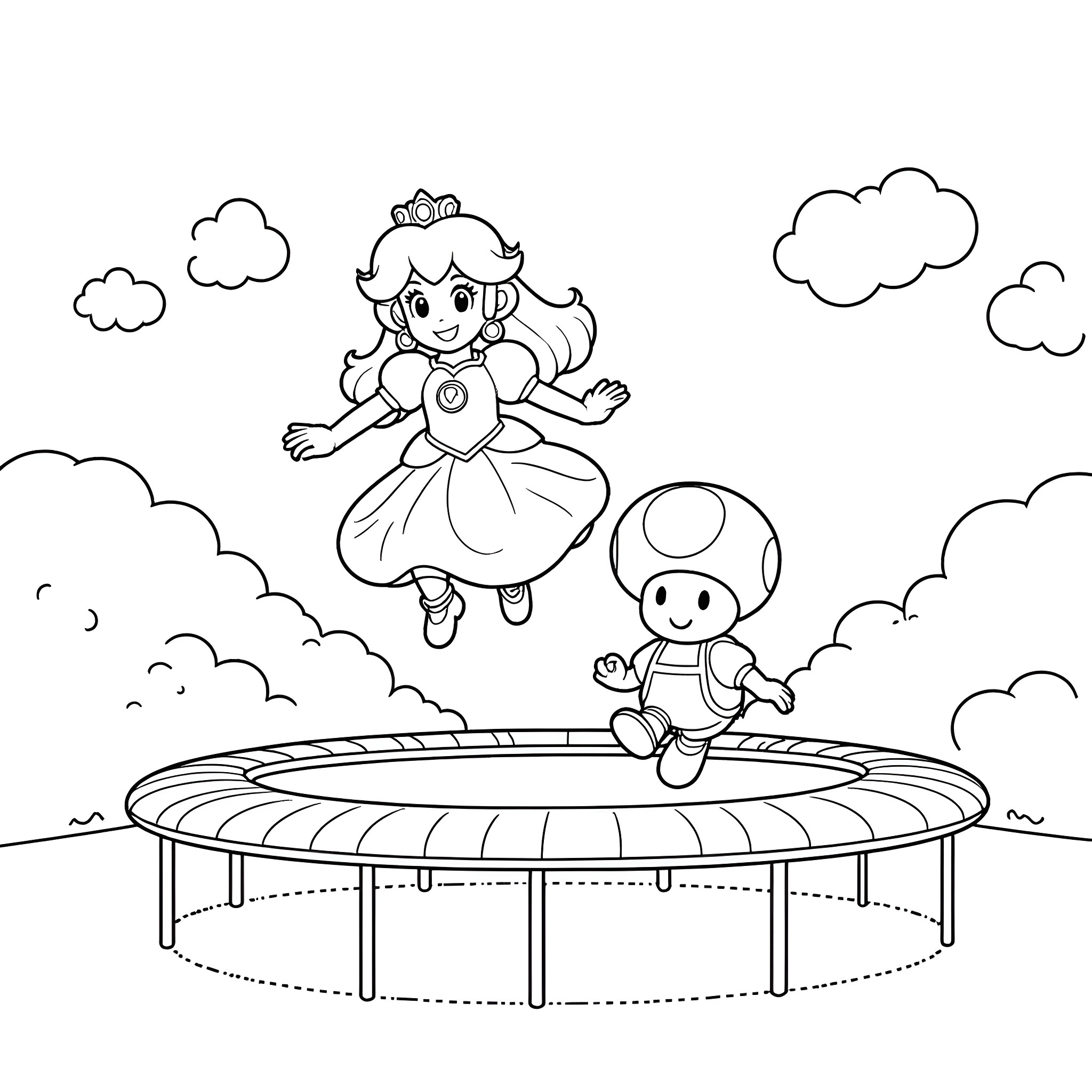 Princess playing joyfully on a trampoline with Mushroom Coloring Page (free black-and-white line drawing printable PDF for all, from beginners to advanced learners, including children, teens, adults, and seniors)