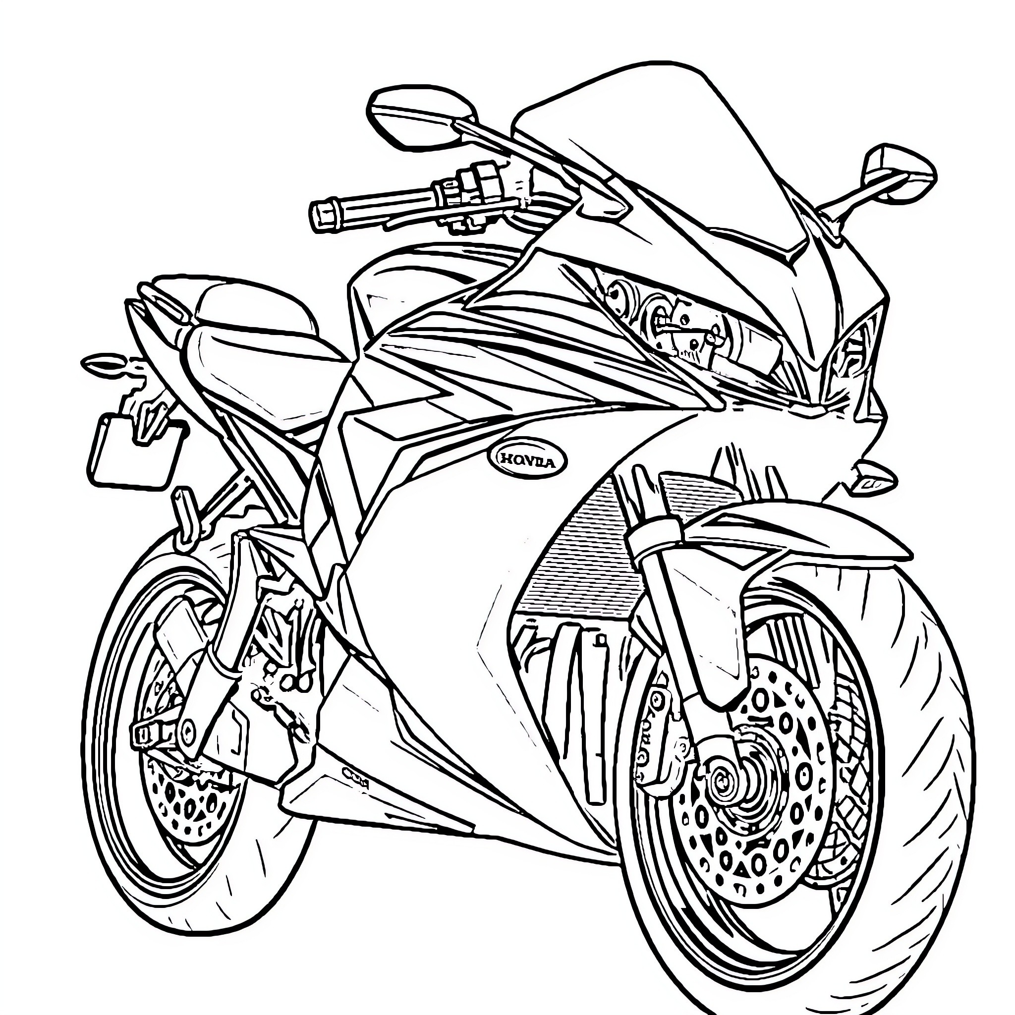 Honda motorcycle in dynamic action pose Coloring Page (free black-and-white line drawing printable PDF for all, from beginners to advanced learners, including children, teens, adults, and seniors)