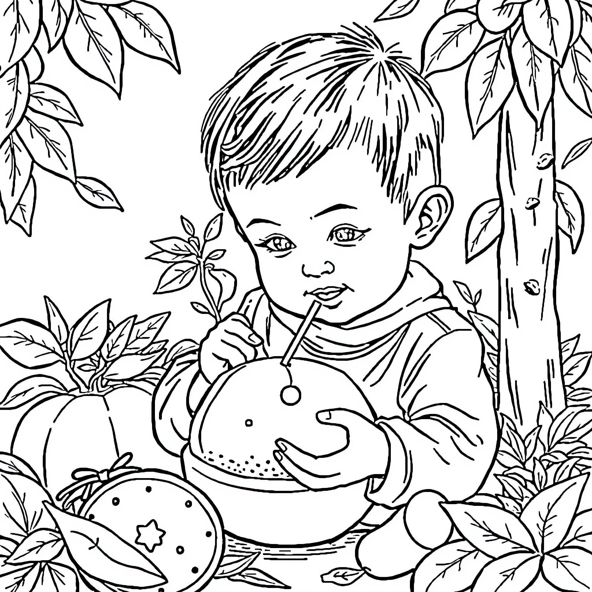 Child playing with toys in nature Coloring Page (free black-and-white line drawing printable PDF for all, from beginners to advanced learners, including children, teens, adults, and seniors)