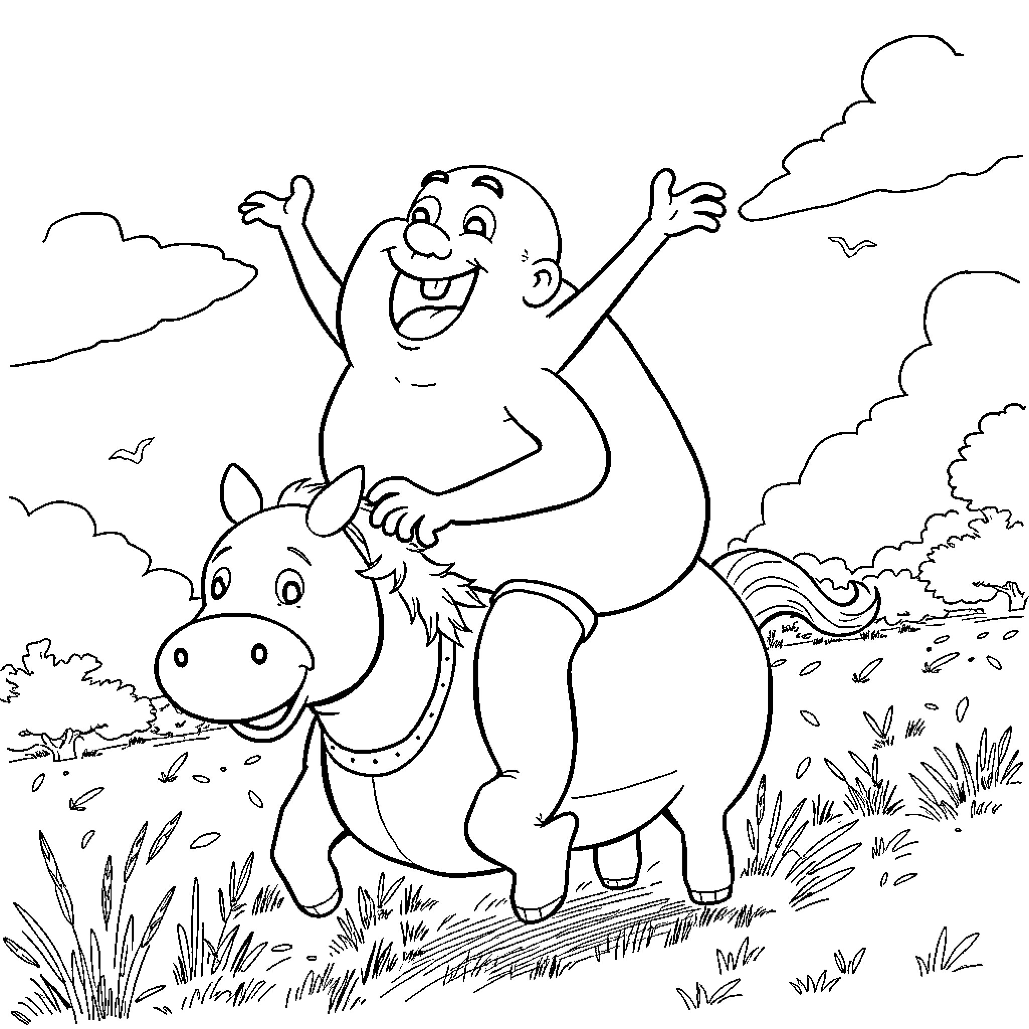 Mr Blobby riding a joyful horse through the countryside Coloring Page (free black-and-white line drawing printable PDF for all, from beginners to advanced learners, including children, teens, adults, and seniors)